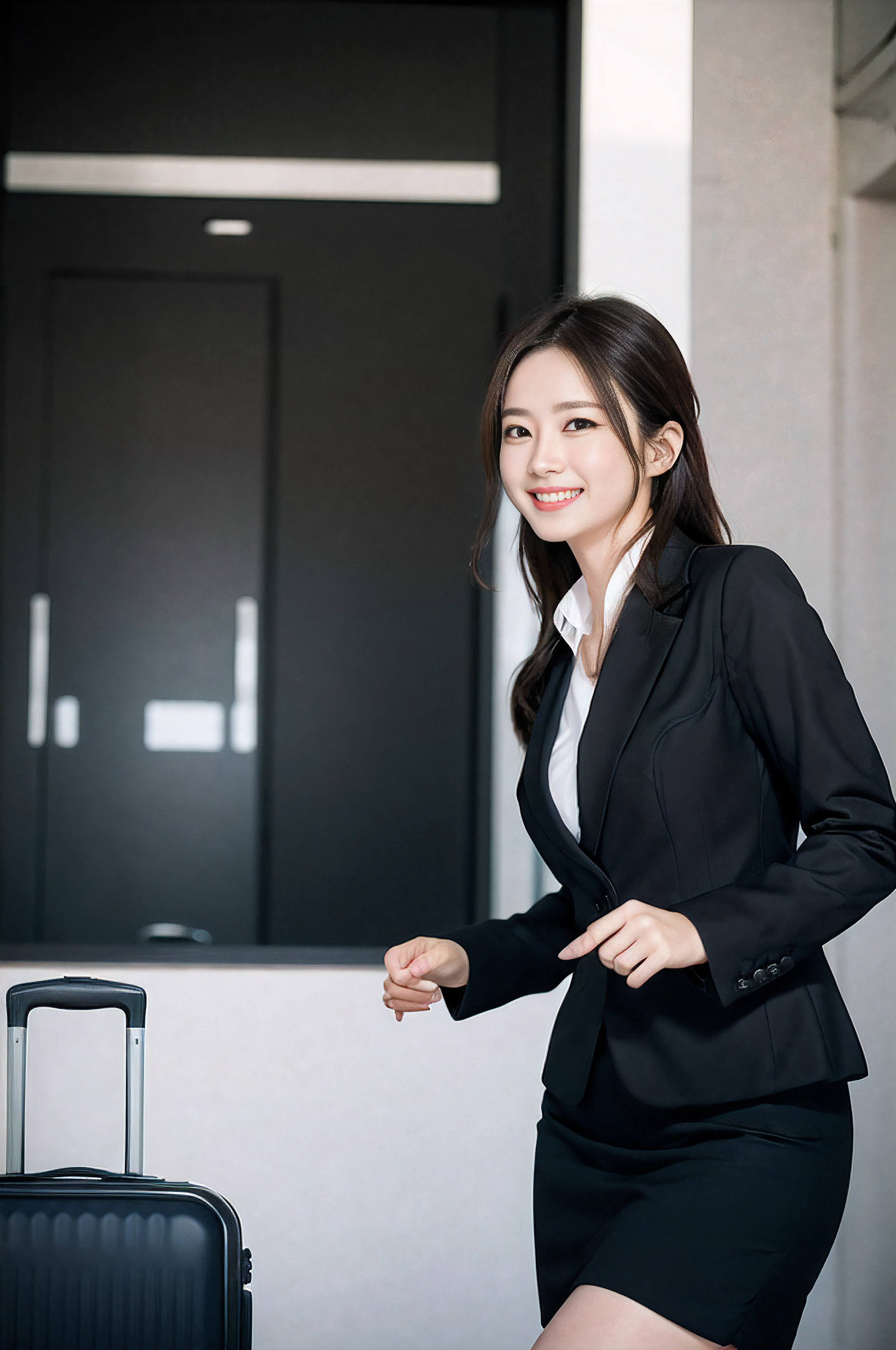 Wagas、Shooting from the side、suitcase、Walking、Beautiful woman、business sui、Black jacket、White button shirt、tight skirts、a picture、A detailed face、Detailed lips、A detailed eye、a smile