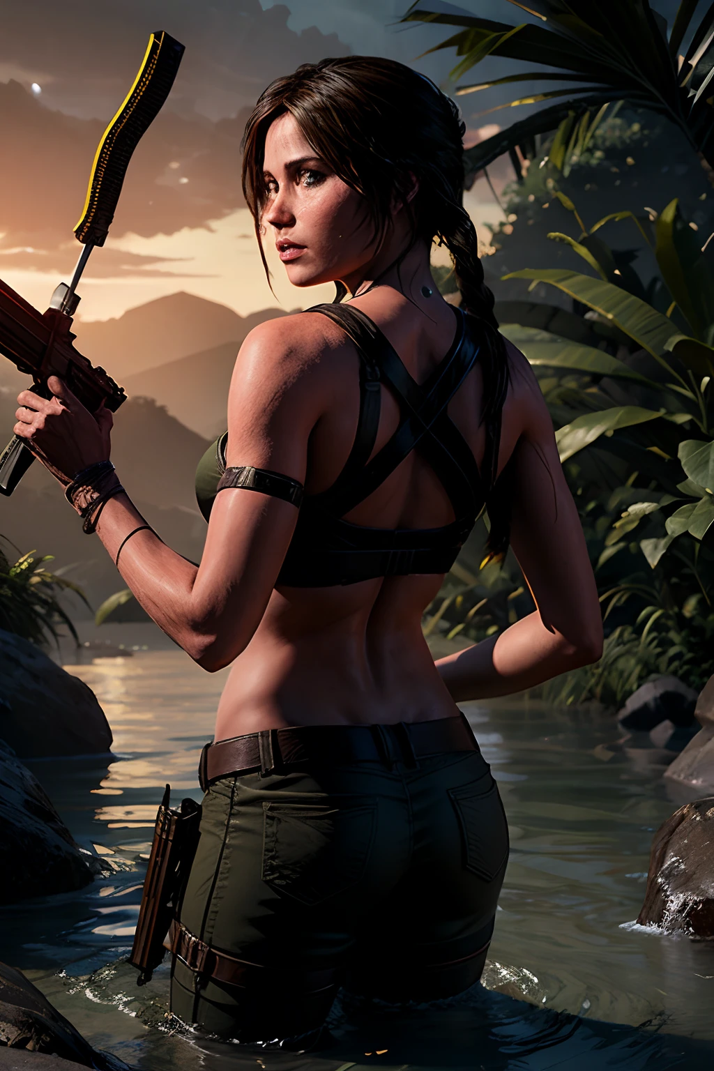 Create an epic SeaArt composition inspired by Lara Croft's adventure in 'Shadow of the Tomb Raider' (2018). The scene features Lara wading through a serene jungle river at sunset. She's dressed in her iconic explorer outfit, complete with holsters, and carries a crossbow on her back. Her arms show evidence of her perilous journey, with minor cuts and bandages. The sun sets in the distance, casting a warm, ethereal glow over the lush jungle surroundings. Capture the blend of action, beauty, and determination that defines Lara Croft's character as she continues her quest.