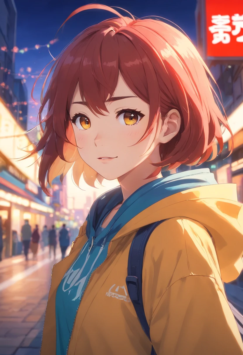 masterpiece, best quality, 1girl, upper body, ((looking at viewer)), beautiful eyes, beautiful lips, smiling to viewer, McDonald's theme, McDonald's style, United States of America (USA) theme, American style, wearing clothes with USA flag, red hair, yellow hoodie, solo, vivid colors, sharp focus,HDR,studio lighting, physically-based rendering,portraits,bokeh