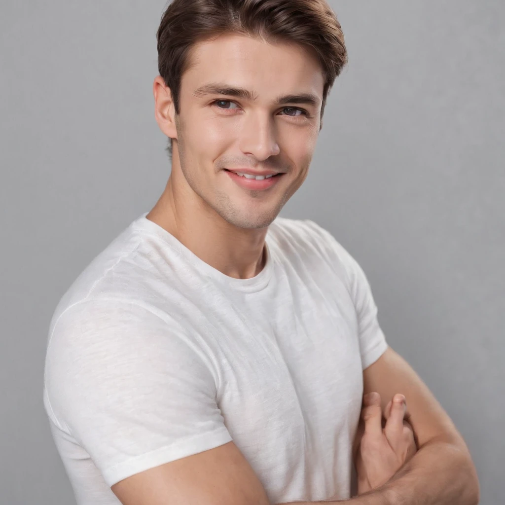 (photo: 1.3) af (photorealism: 1.3), caucasian man soft light, clear face, happy, cheerful, smiling, warm light, white t-shirt, ((off-white background)), ((off-white background)) . ((grey wall background)) avatar, (long or short hair), smile, handsome, young,, short hair, smile, (medium close-up)