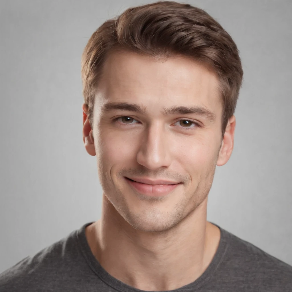 (photo: 1.3) af (photorealism: 1.3), caucasian man soft light, clear face, happy, cheerful, smiling, warm light, white t-shirt, ((off-white background)), ((off-white background)) . ((grey wall background)) avatar, (long or short hair), smile, handsome, young,, short hair, smile, (medium close-up)
