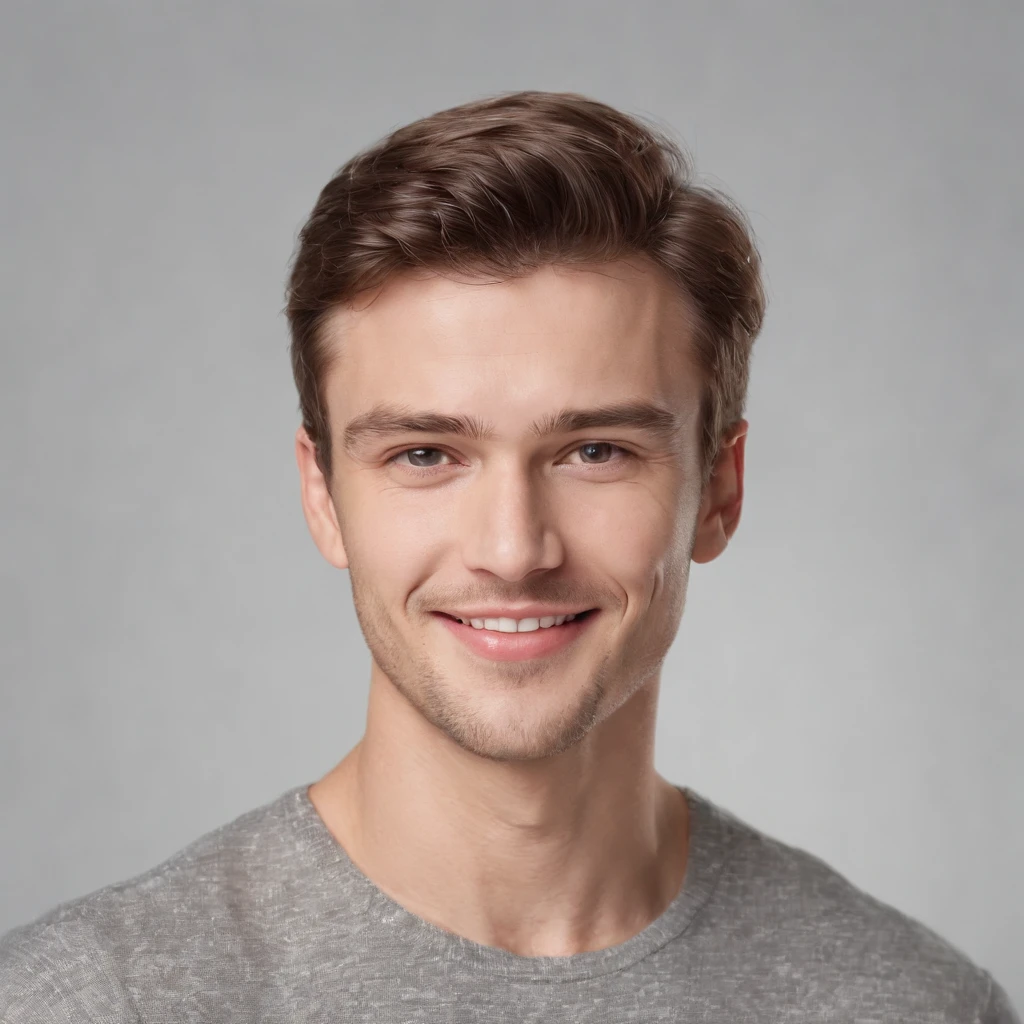 (photo: 1.3) af (photorealism: 1.3), caucasian man soft light, clear face, happy, cheerful, smiling, warm light, white t-shirt, ((off-white background)), ((off-white background)) . ((grey wall background)) avatar, (long or short hair), smile, handsome, young,, short hair, smile, (medium close-up)