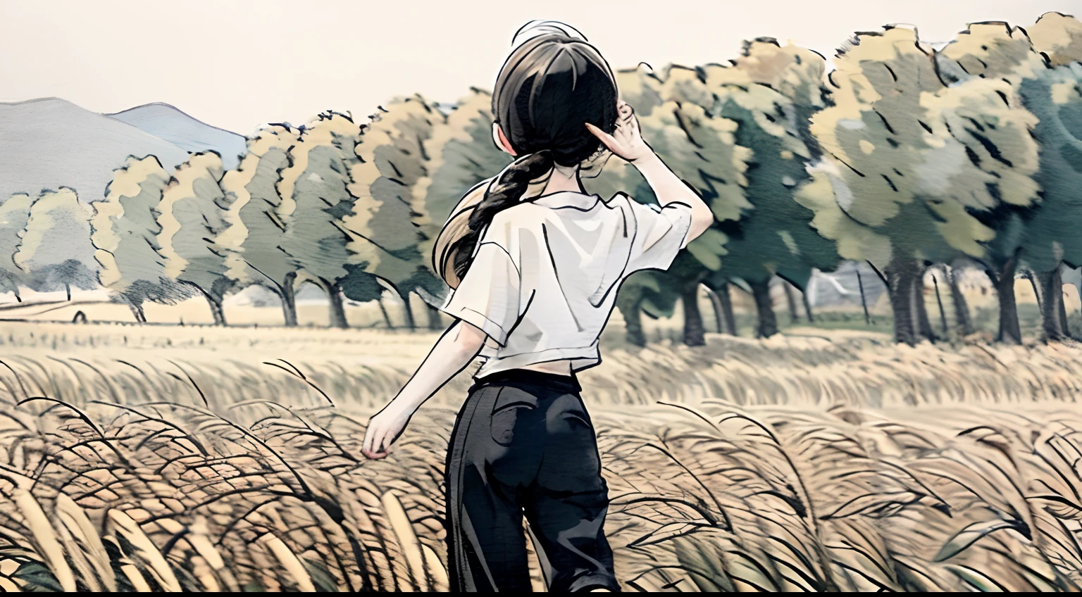 a girl,Turn Back,wave her hand,wheat field,Wearing a white shirt and black Pants,white shoes,Best possible quality,(prospect),tree