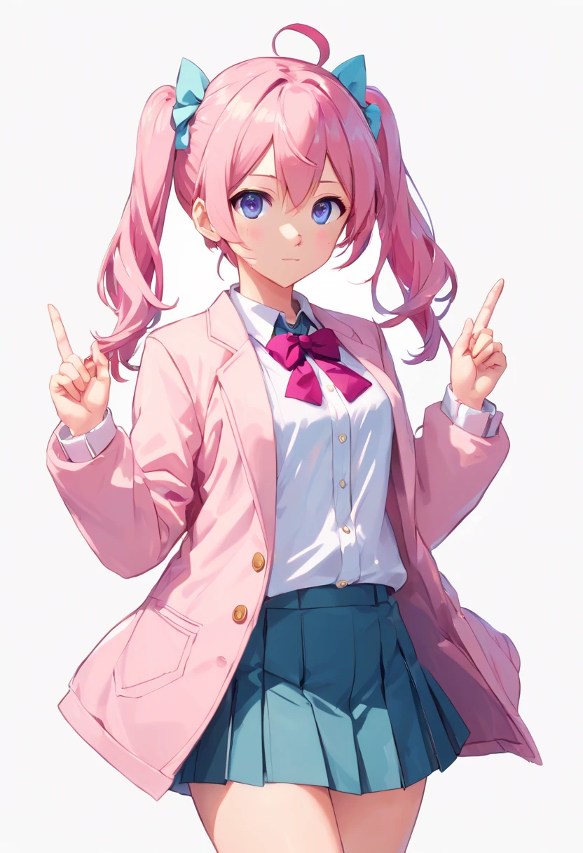 pink color hair，short pink hair, straight bangs, pink color eyes，Beth，Spiritual world,((masterpiece)),((best quality)),Koharu Rikka, 1girl, double bun, hair bun, jacket, (solo:1.6), hair ornament, grey hair, purple eyes, bow, hairclip, short hair, bowtie, pink bowtie, blazer, pink bow, looking at viewer, grey sweater, blue school uniform, sweater, blue pleated miniskirt , (simple background:1.6), (white background:1.6) in style of hatsune miku, (cowboy shot:1.3),
(photorealistic, realistic,:1.1) dynamic angle, random pose,(✨🤟😁👍🙌✨❗🙏✨🙏✨🎼🎶👉😁👈:1.1)