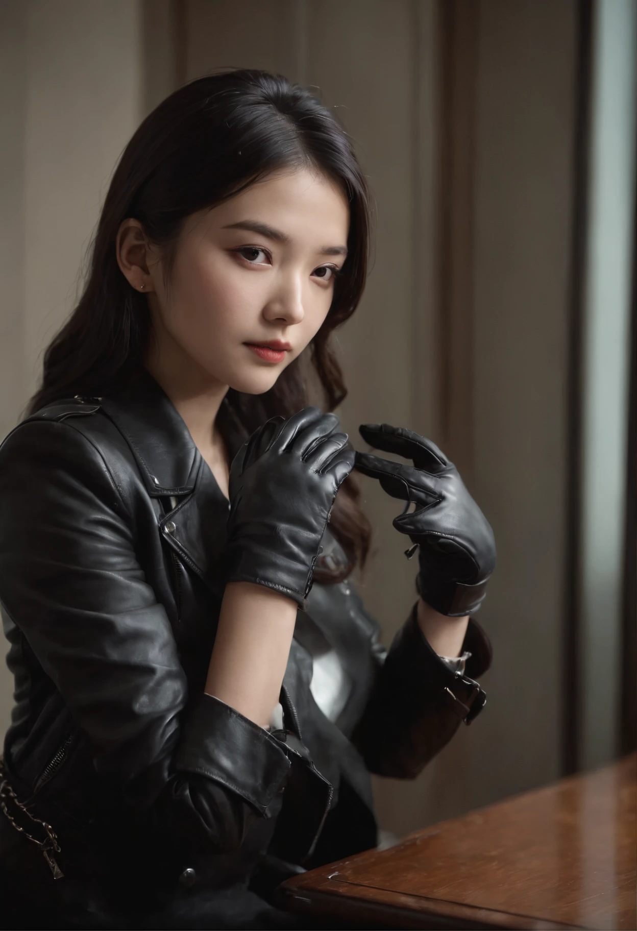 Both hands are covered with black leather gloves up to the fingertips, upper body, black leather double riders jacket, slender necklace, young and cute Japanese girl with black hair tied up beautifully, sitting on a black leather chair facing the desk in the president's room at night, aligning both hands of black leather gloves on the desk