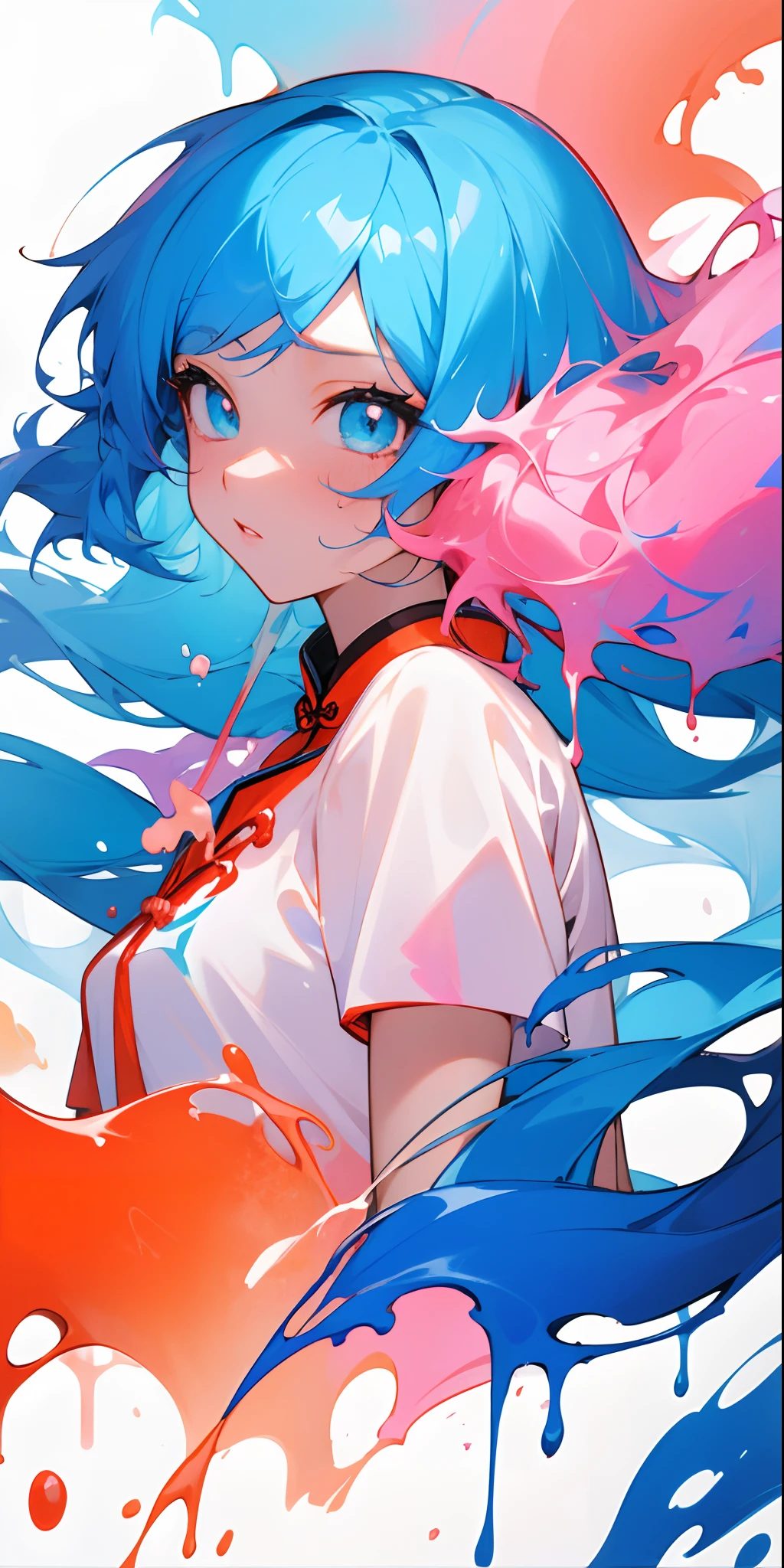 (Masterpiece, best quality, high resolution), white background, acrylic paint, ((Color splash, splash of ink, color splash)), sweet Chinese girl, long light blue hair, [light blue|Pink Hair, Curly Hair , Glitter, Peach Lips, White Shirt, Front, Upper Body