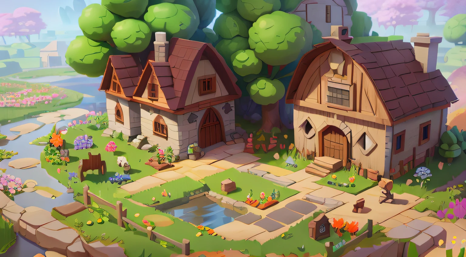 Game architecture design, cartoon, farm, stone, brick, grass, river, flowers, vegetables, wheat, trees, animals, casual play style, 3d, blender, masterpiece, super detail, best quality
