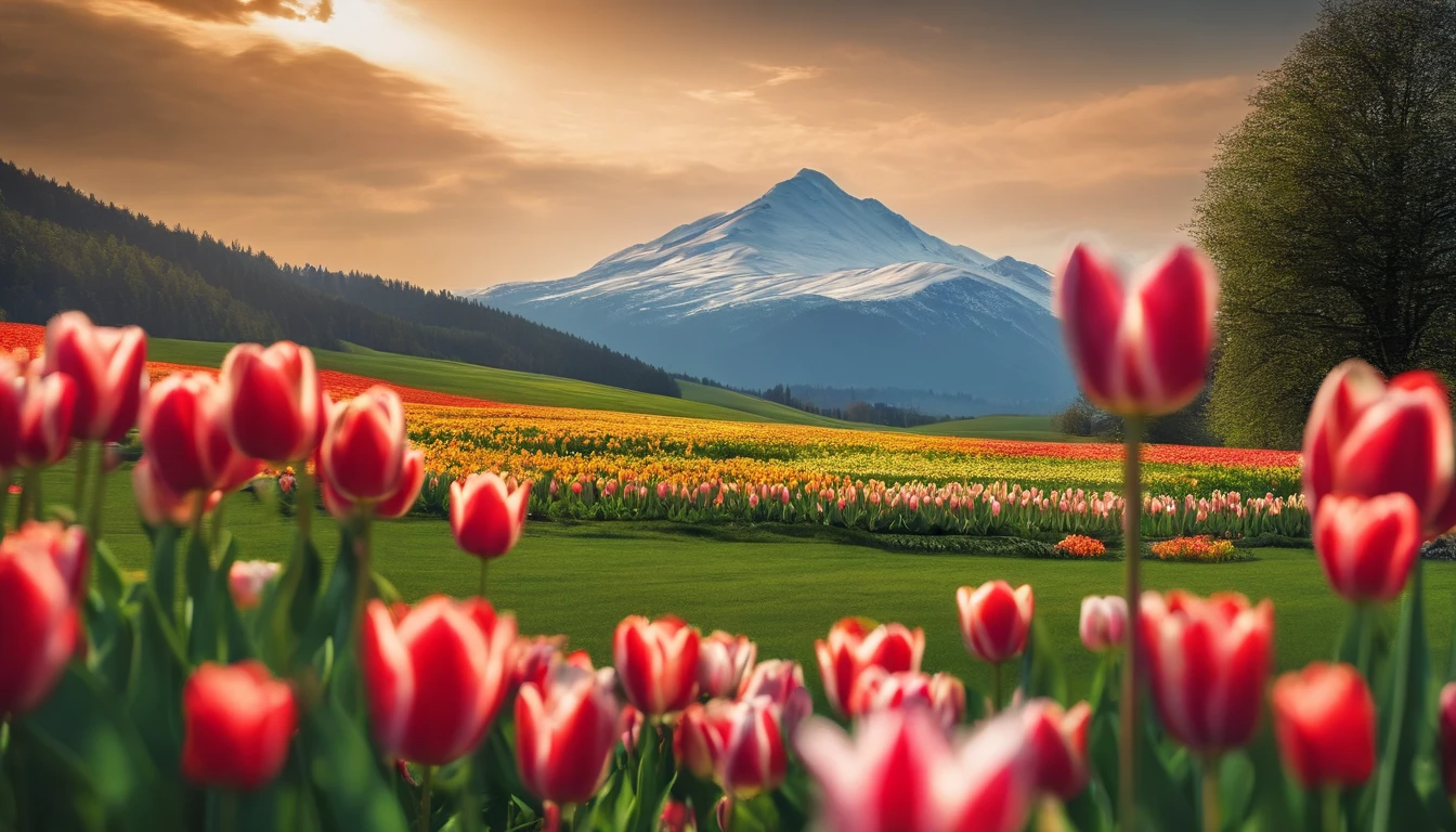 A small amount of tulip flowers in the foreground，Medium green meadow，The vista is mountains, The blue sky is white, Then go，Natural light at noon，C4D style，Masterpiece，8K