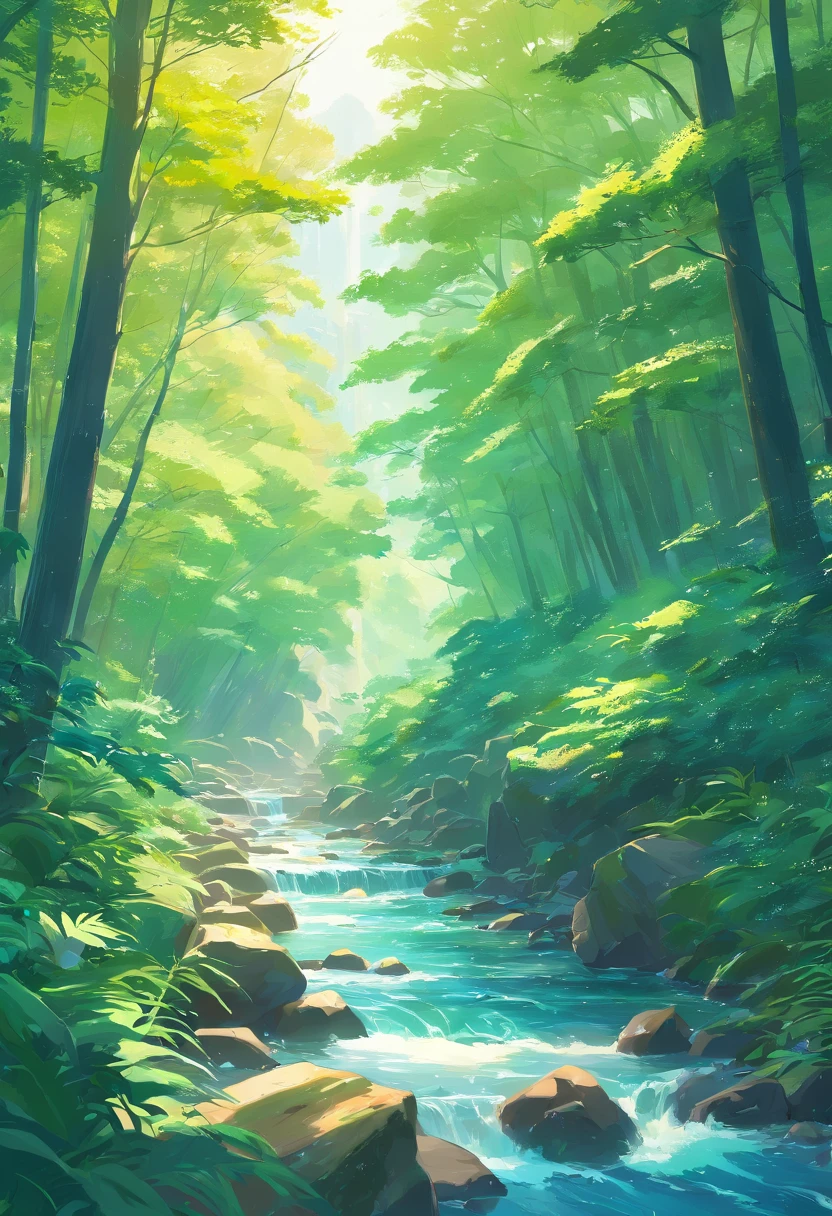 Close-up of a stream flowing through a lush green forest, ross tran. scenery background, ryan dyar, environment painting, Beautiful oil matte painting, photorealistic landscapes, 4k hd matte digital painting, 8 k resolution digital painting, 8k resolution digital painting, hyperrealistic landscape, inspired by Raphael Lacoste, Illustration matte painting, beautiful digital painting