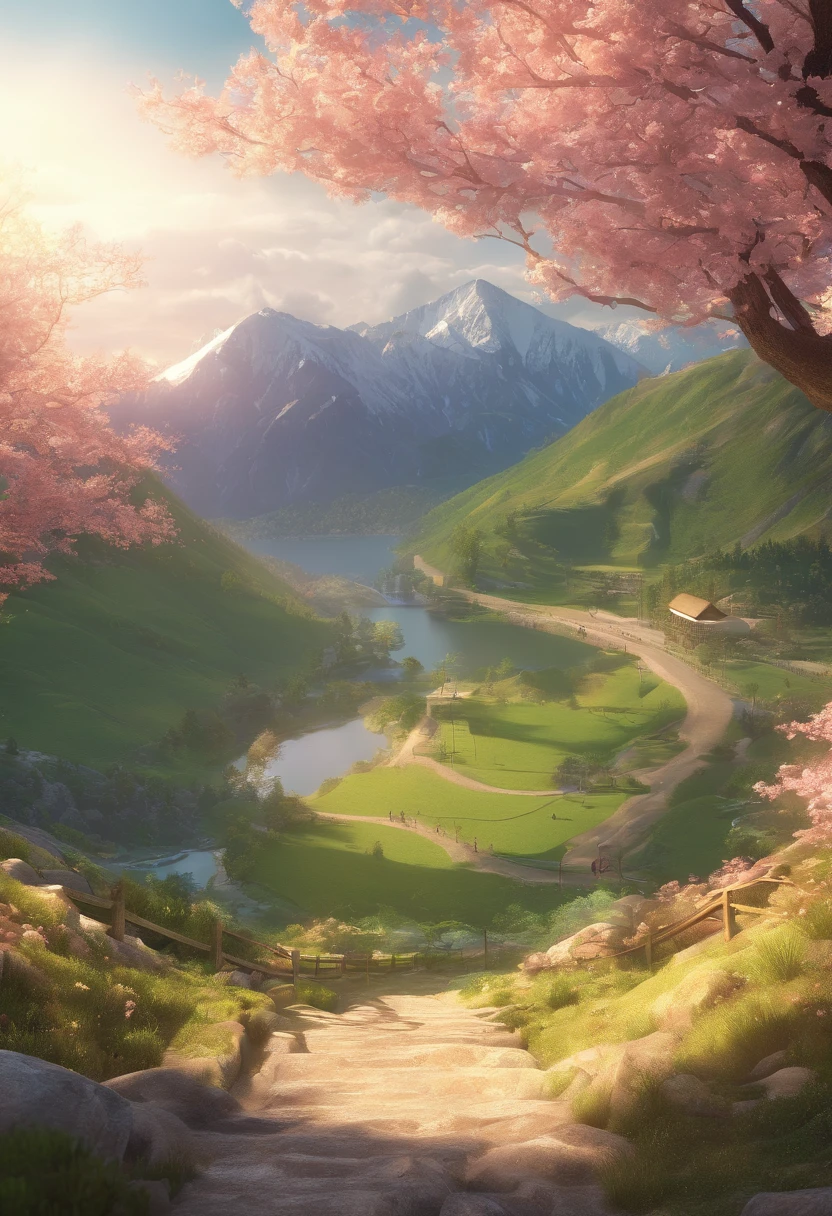 Halfway up the mountain，On the right is the tunnel tent，There is a lake under the mountain，In the distant background is a large mountain，The morning sun hit the tent，There are several cherry blossom trees next to the tent，Faraway view，Beautiful，artistic conception