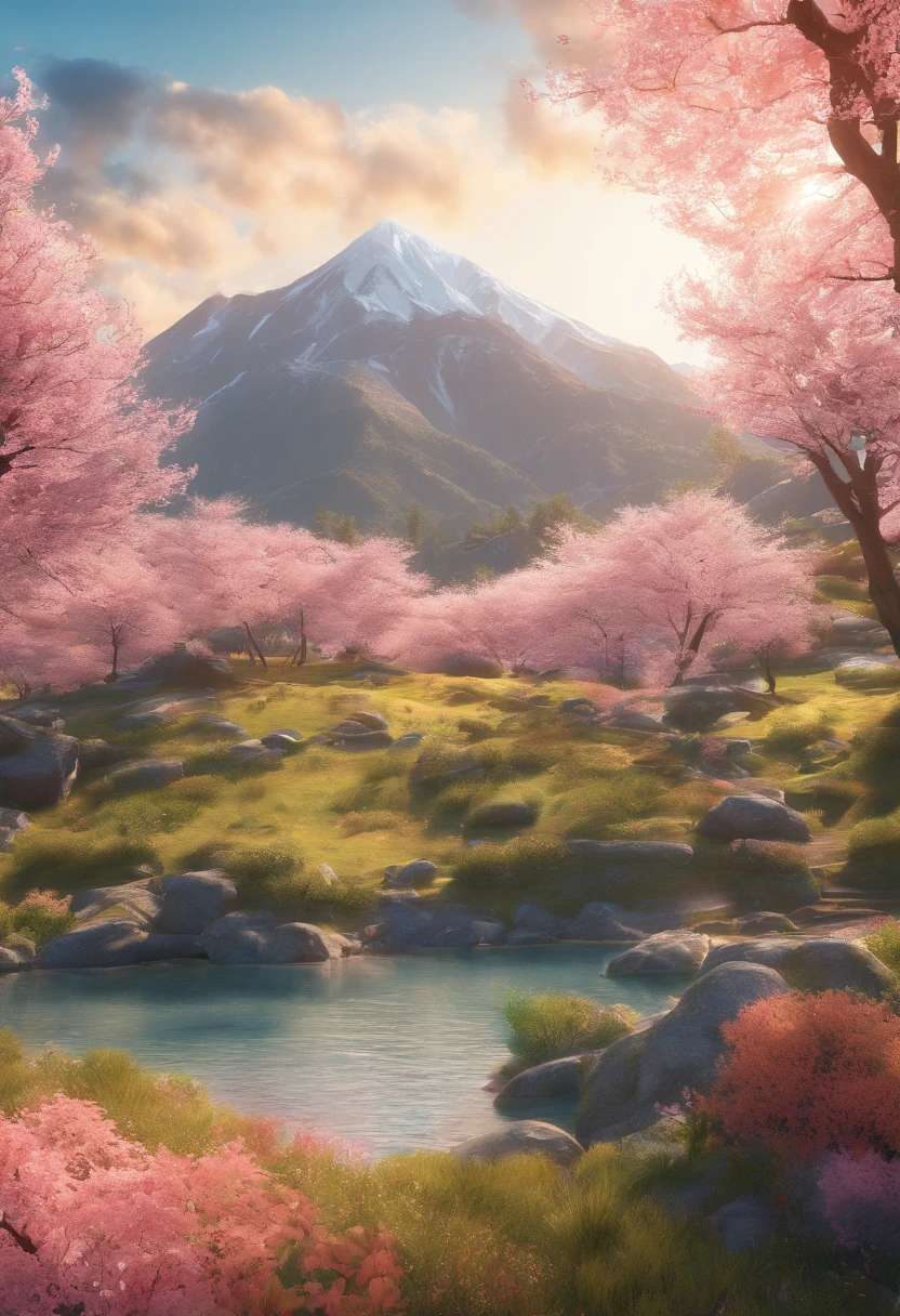 Halfway up the mountain,On the right is the tunnel tent,There is a lake under the mountain,In the distant background is a large mountain,The morning sun hit the tent,There are several cherry blossom trees next to the tent,Faraway view,Beautiful,artistic conception