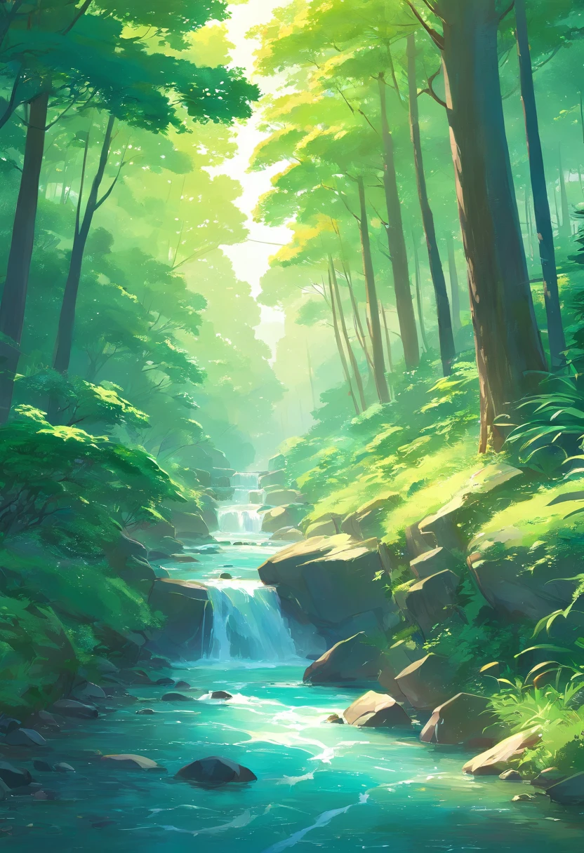 Close-up of a stream flowing through a lush green forest, ross tran. scenery background, ryan dyar, environment painting, Beautiful oil matte painting, photorealistic landscapes, 4k hd matte digital painting, 8 k resolution digital painting, 8k resolution digital painting, hyperrealistic landscape, inspired by Raphael Lacoste, Illustration matte painting, beautiful digital painting