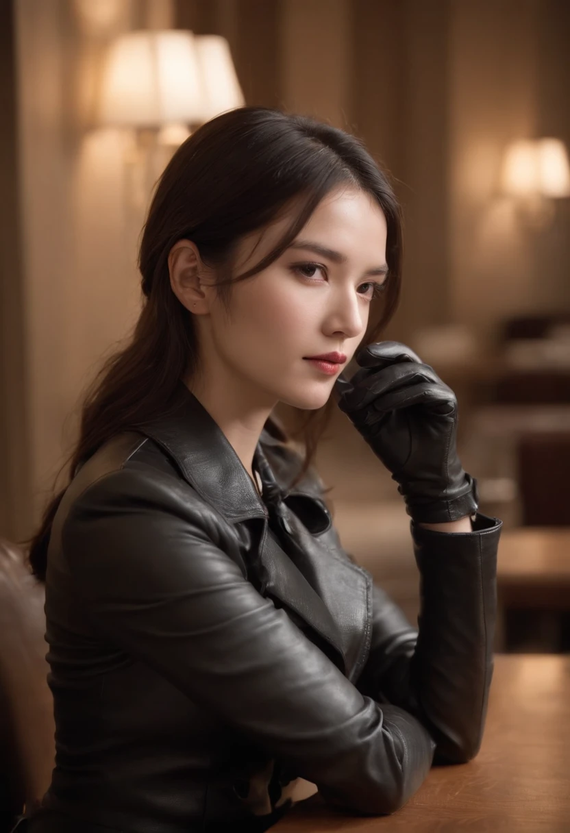 Black leather gloves were worn on both hands,Until fingertips, Upper body, Black leather double rider jacket, slender necklace, Young and cute Japanese girl,The brunette was beautifully tied, Sitting in the black leather chair facing the desk in the presidential room at night, Place your hands with black leather gloves on the table