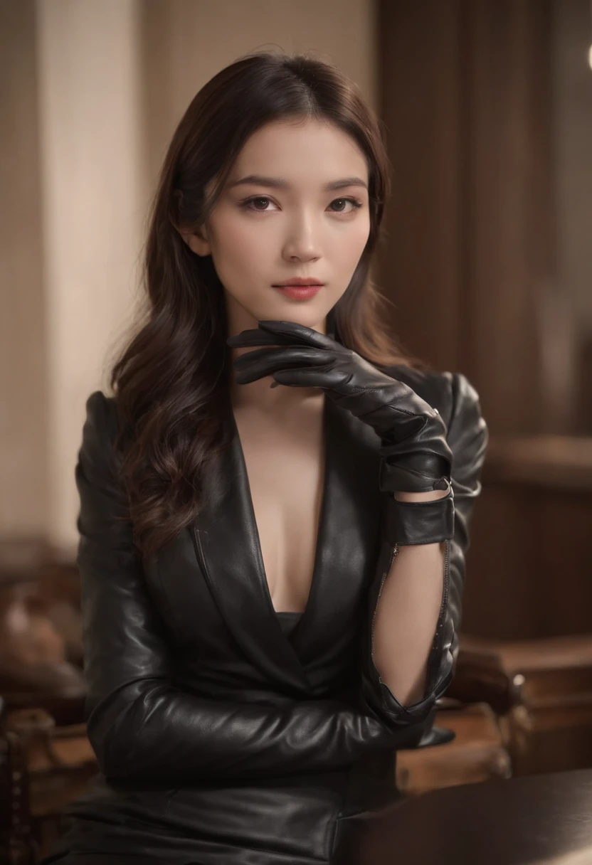 Black leather gloves were worn on both hands，Until fingertips, Upper body, Black leather double rider jacket, slender necklace, Young and cute Japanese girl，The brunette was beautifully tied, Sitting in the black leather chair facing the desk in the presidential room at night, Place your hands with black leather gloves on the table