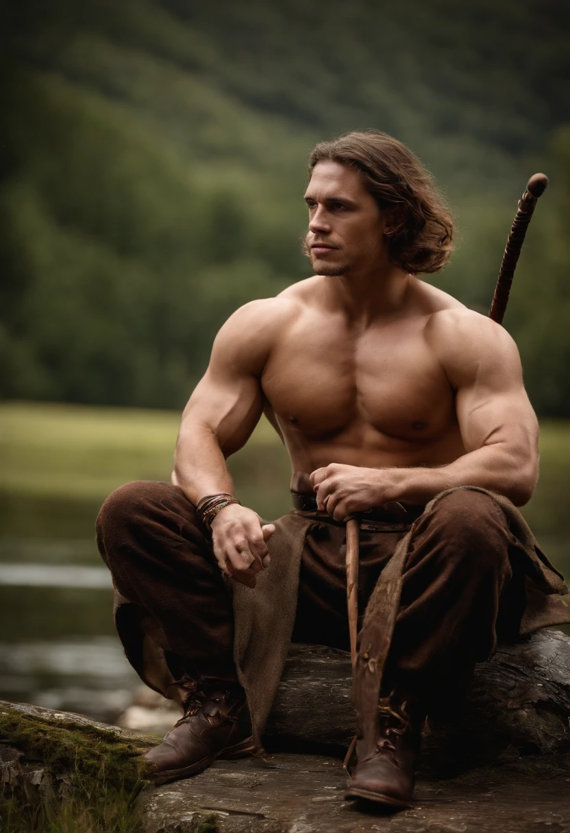 20 year old, cahv, brute, scottish medieval warrior, bully, rude, fit, muscular, , testicles, barechest, tartan kilt, topless, dominant, self-confident, view from below, looking at viewer, long brunette hair, lake background, full-body shot