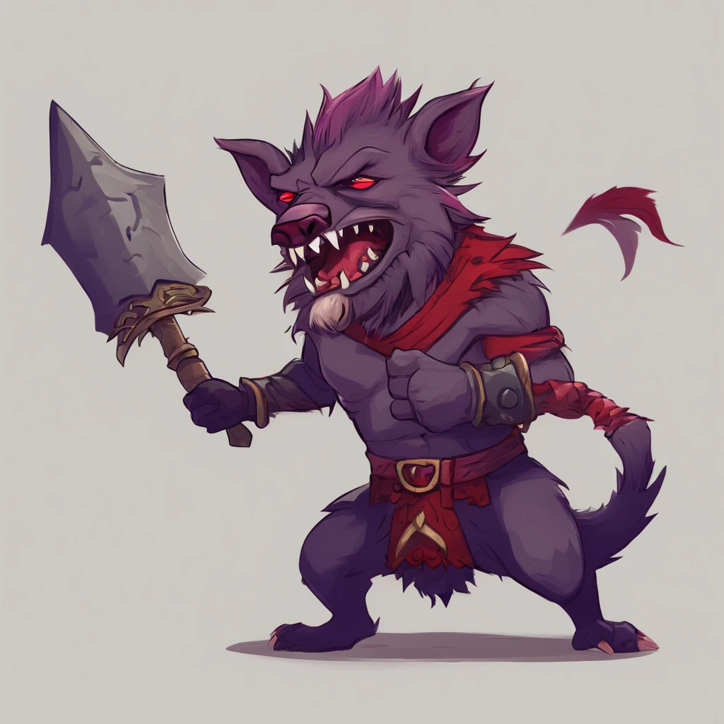 Gnoll, dark grey and purple fur with red spiked armor, using a giant cannon of doom, masterpiece, best quality