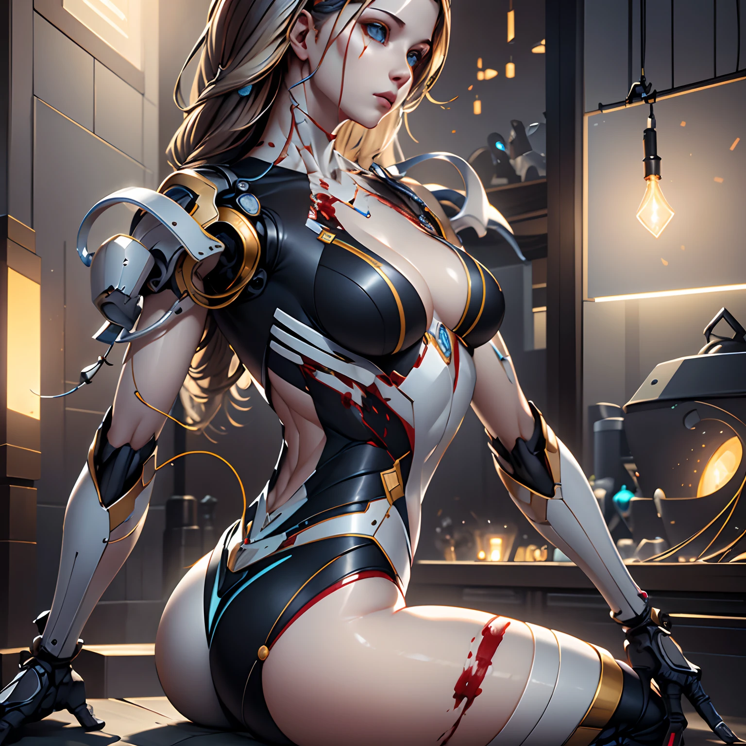 Ultra-sharp, metal, intricate ornament details, very complex details, realistic light, CGSetsoation trend, mechanical limbs, blood vessels connected to tubes, mechanical vertebrae attached to the back, mechanical cervix attached to the neck, sitting, wires and cables connecting to the head