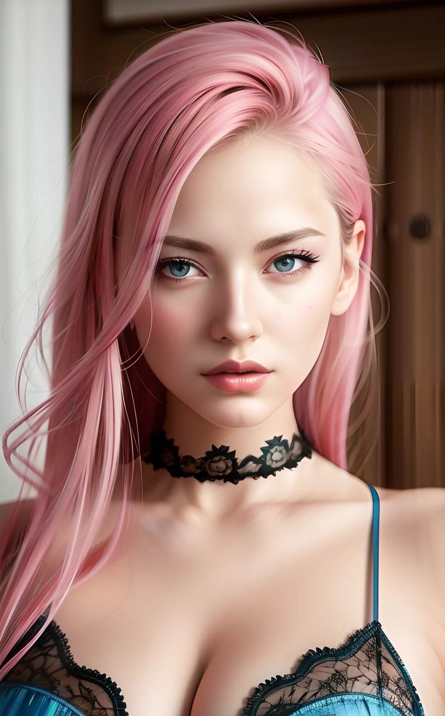 best quality, ultra high res, (photorealistic:1.4), (detailed beautiful girl:1.4), (medium breasts:0.8), looking_at_viewer, Detailed facial details, beautiful detailed eyes,pink hair, blue eyes, slender, haunting smile, (makeup:0.3), red lips, highly detailed clothes, (ulzzang-6500-v1.1:0.3)