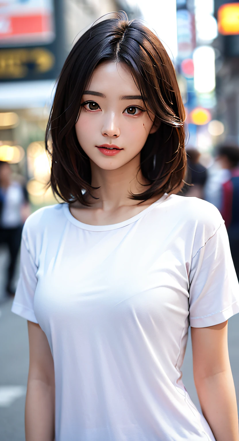 (RAW Photos, Highest quality), (Realistic, Photo Realistic: 1.3), Highest quality, Very detailed,8K RAW Photos, Highest quality, masterpiece, Ultra-high resolution, 3D, Realistic, 1 Girl, ((Beautiful woman walking in the city))、Walking towards the audience、((Portraiture))、Japanese women, Serious face, black_hair, black_crew_T-Shirts, ponytail、up hair, short hair、nose, School_uniform,, Natural skin texture, light brown_eye, detailed eyes and face, lips, lipstick, Beautiful legs, Huge breastss, (Detailed Background), Checked mini skirt, White shirt, Brown high heels、Huge breasts,、Blurred Background,Short sleeve、whole body、Bright white lighting、Asakusa