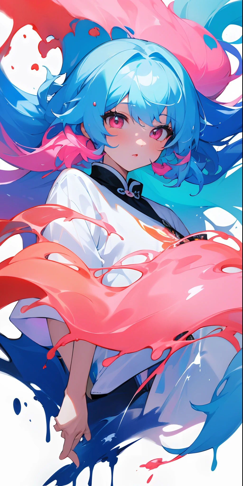 (Masterpiece, best quality, high resolution), white background, acrylic paint, ((Color splash, splash of ink, color splash)), sweet Chinese girl, long light blue hair, [light blue|Pink Hair, Curly Hair , Glitter, Peach Lips, White Shirt, Front, Upper Body