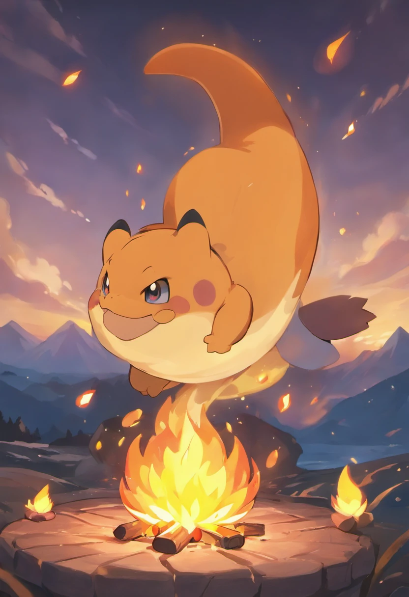 A captivating moment in ultra-high definition 3D featuring Charmander sitting beside a flickering campfire. Charmander, meticulously crafted in every detail, is seen gently roasting a marshmallow with its tail flame, symbolizing comfort and warmth. The embers from the campfire dance in the air, blending with the twilight sky, creating an enchanting, cozy ambiance. The overall atmosphere is one of peace, filled with a sense of home and tranquility.