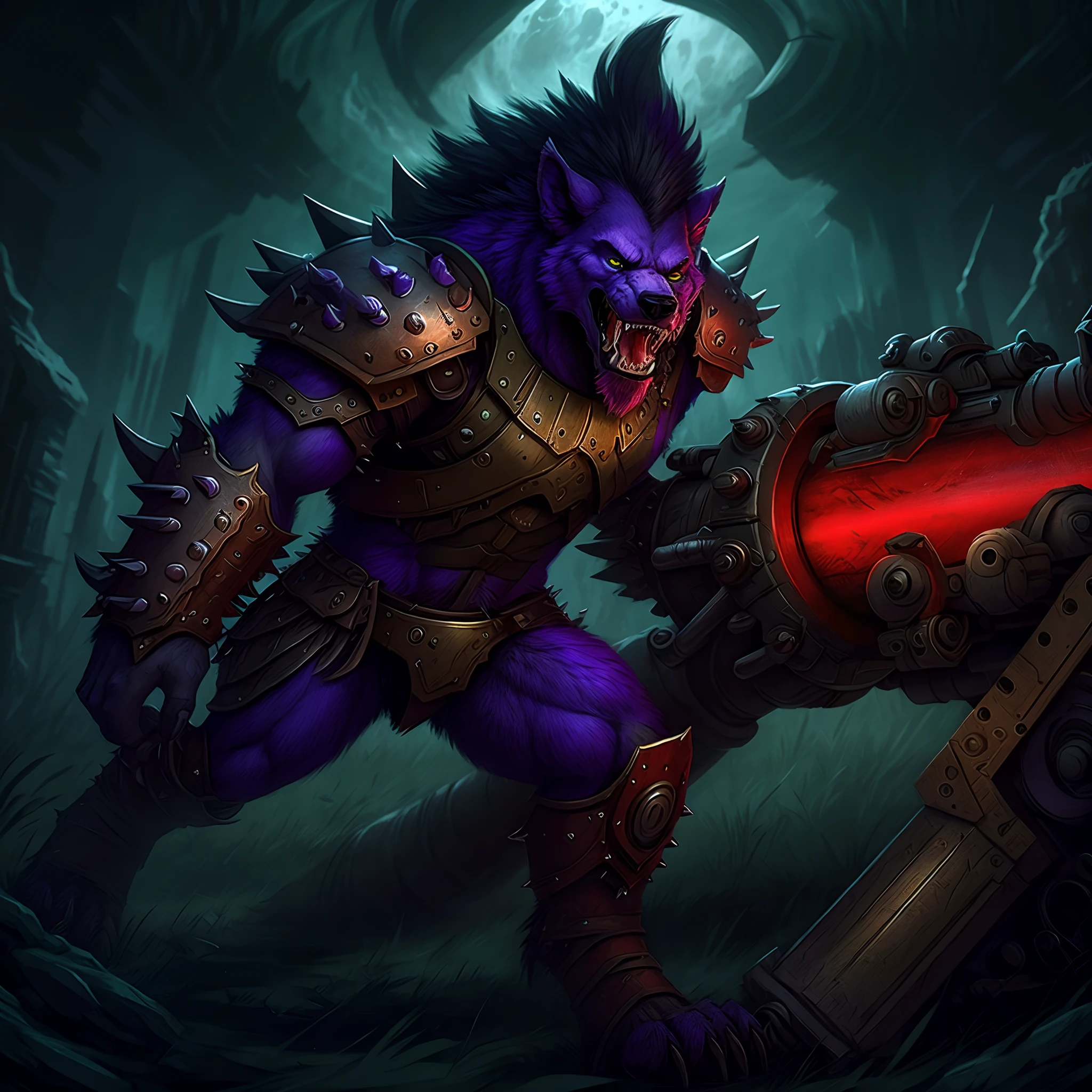 Gnoll, dark grey and purple fur with red spiked armor, using a giant cannon of doom, masterpiece, best quality