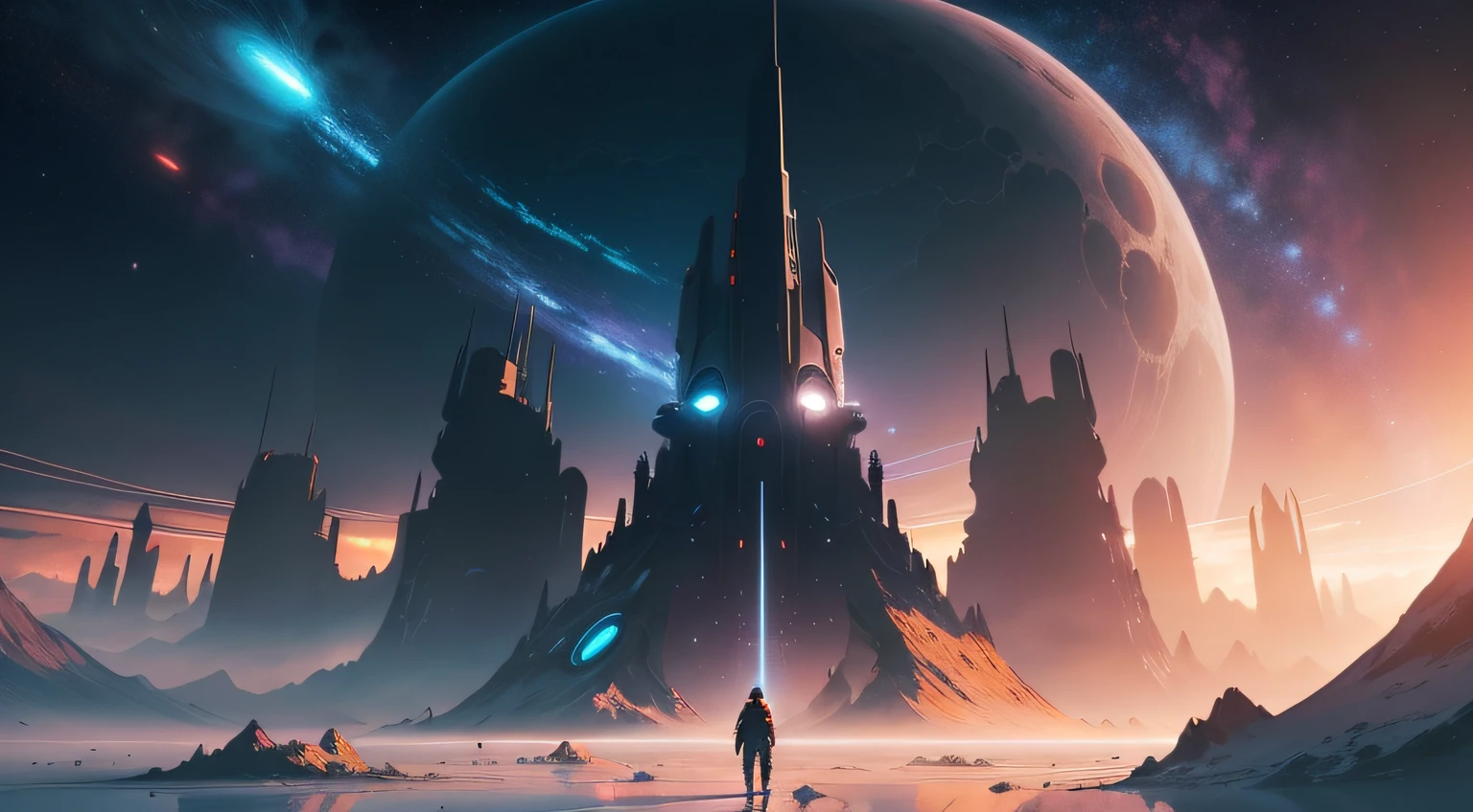Man at a distance, man on the horizon. Angel on the horizon. arafed view of a space scene with a spiral galaxy, epic beautiful space scifi, surreal space, endless cosmos in the background, 4k highly detailed digital art, space fractal gradient, galaxy space sci - fi, universe, fantasy space, cosmic space, dimension of infinite space, portal to outer space, interstellar vortex through time, multiverse portal, spaceships flying over a futuristic city with a mountain in the background, epic fantasy sci fi illustration, sci-fi fantasy wallpaper, sci-fi digital art illustration, sci fi artwork, alien space ships, detailed sci-fi art, epic scifi fantasy art, sci fi digital painting, sci-fi digital painting, beautiful sci fi art, scifi artm, futuristic city with a futuristic spaceship and a futuristic spaceship in the background, sci-fi digital art illustration, futuristic digital painting, sci-fi digital painting, sci fi digital painting, retrofuturistic digital painting, sci-fi digital art, nicolas bouvier sparth, colorful dystopian futurism, by sparth, sparth style, colorful concept art, digital concept art illustration