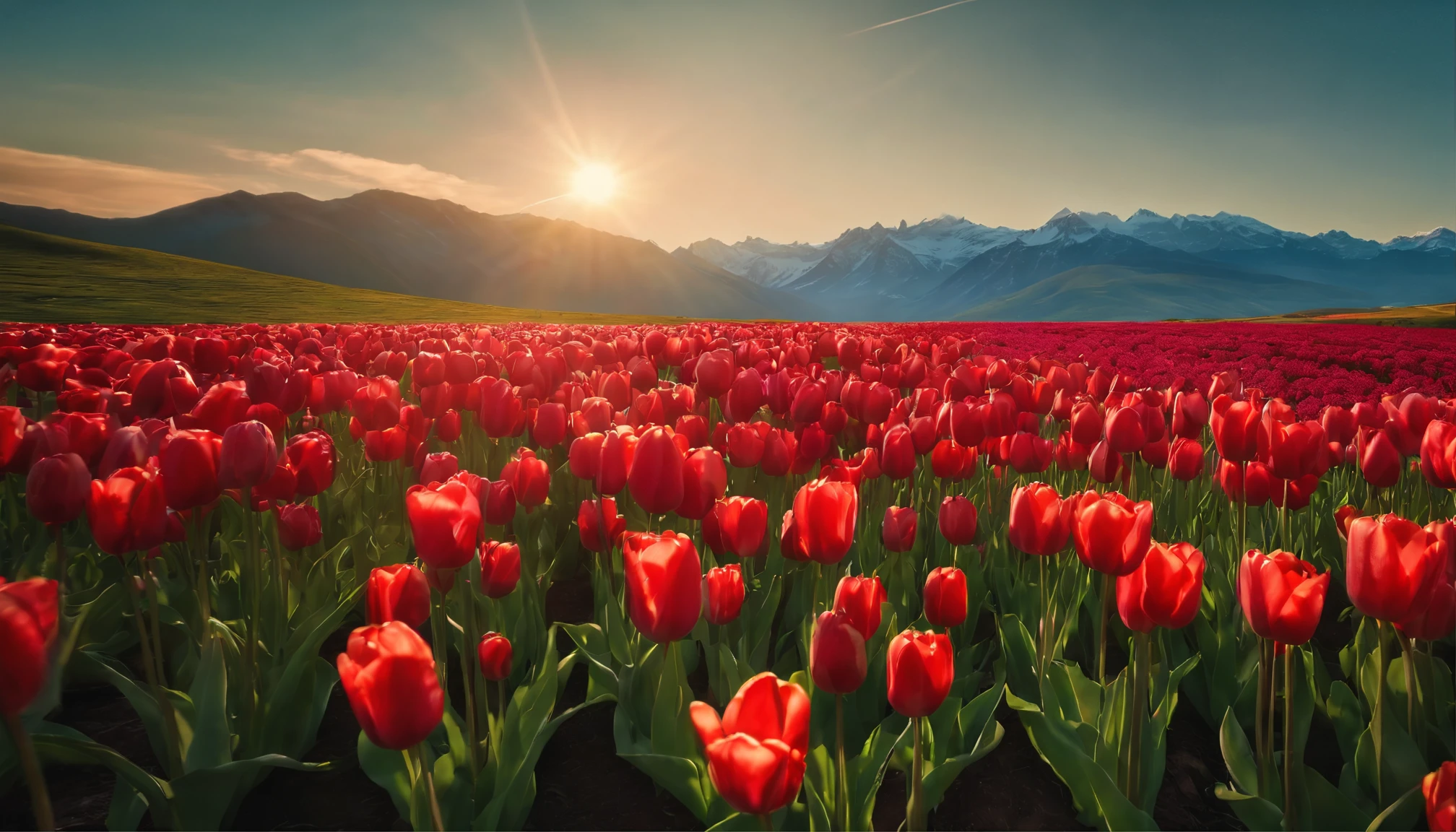 A small amount of tulip flowers in the foreground,Medium green meadow,The vista is mountains, The blue sky is white, Then go,Natural light at noon,C4D style,Masterpiece,8K