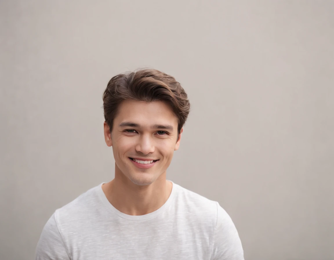(photo: 1.3) af (photorealism: 1.3), caucasian man soft light, clear face, happy, cheerful, smiling, warm light, white t-shirt, ((off-white background)), ((off-white background)) . ((grey wall background)) avatar, (long or short hair), smile, handsome, young,, short hair, smile, (medium close-up)