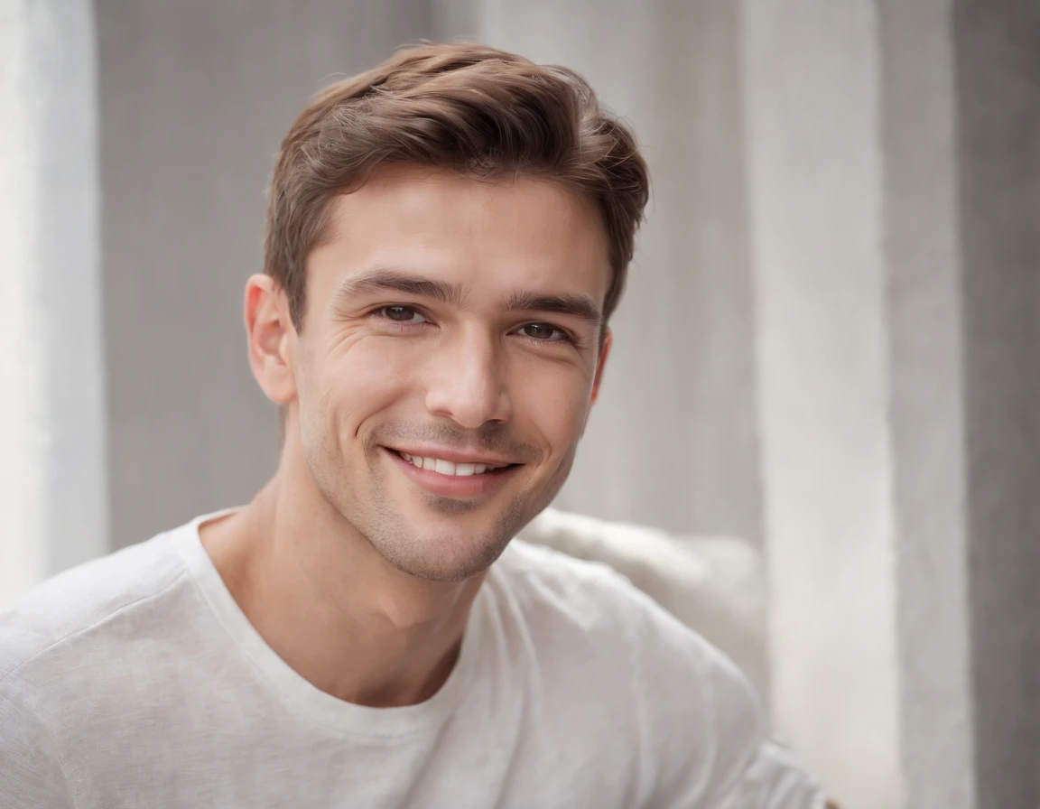 (photo: 1.3) af (photorealism: 1.3), caucasian man soft light, clear face, happy, cheerful, smiling, warm light, white t-shirt, ((off-white background)), ((off-white background)) . ((grey wall background)) avatar, (long or short hair), smile, handsome, young,, short hair, smile, (medium close-up)