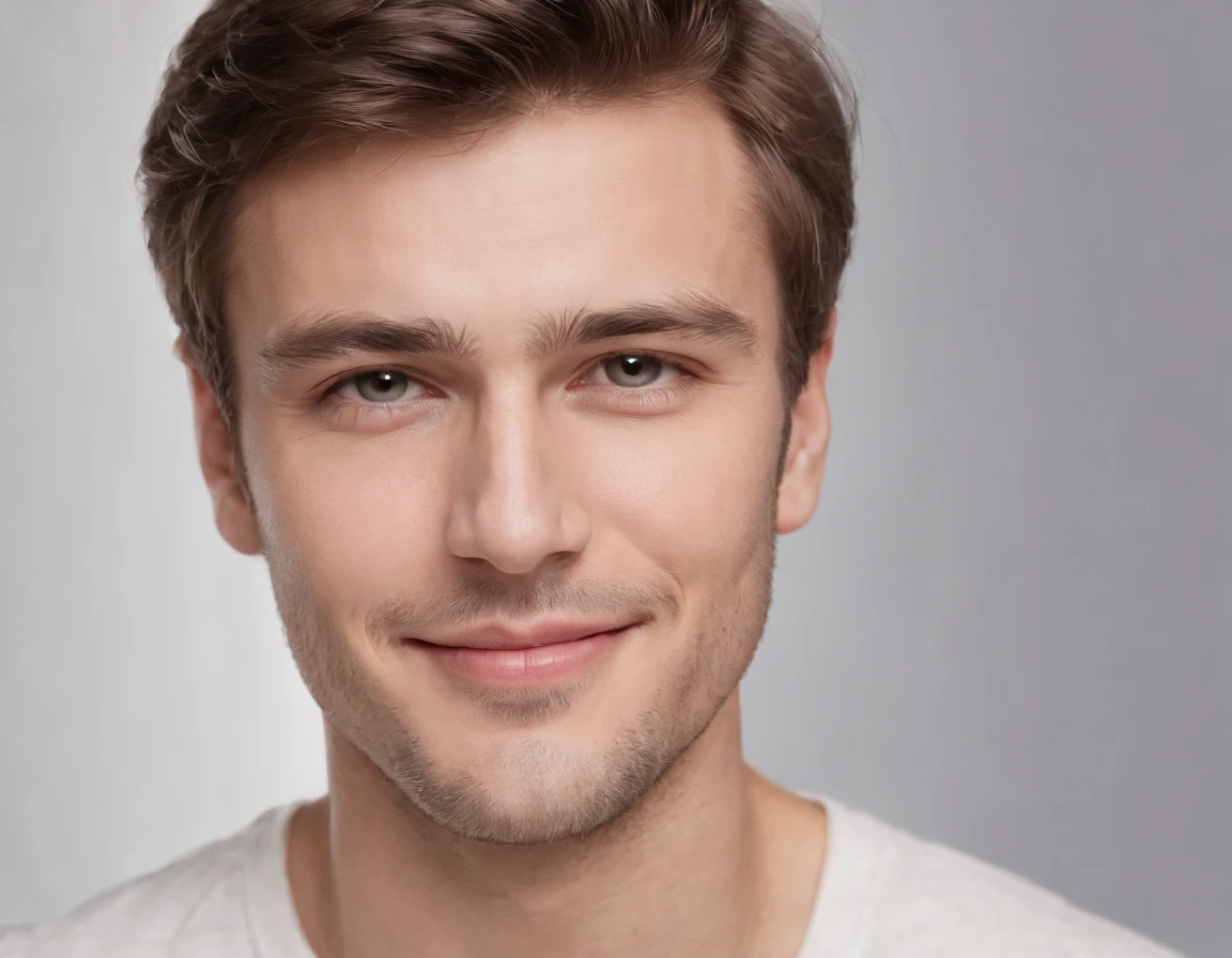 (photo: 1.3) af (photorealism: 1.3), caucasian man soft light, clear face, happy, cheerful, smiling, warm light, white t-shirt, ((off-white background)), ((off-white background)) . ((grey wall background)) avatar, (long or short hair), smile, handsome, young,, short hair, smile, (medium close-up)