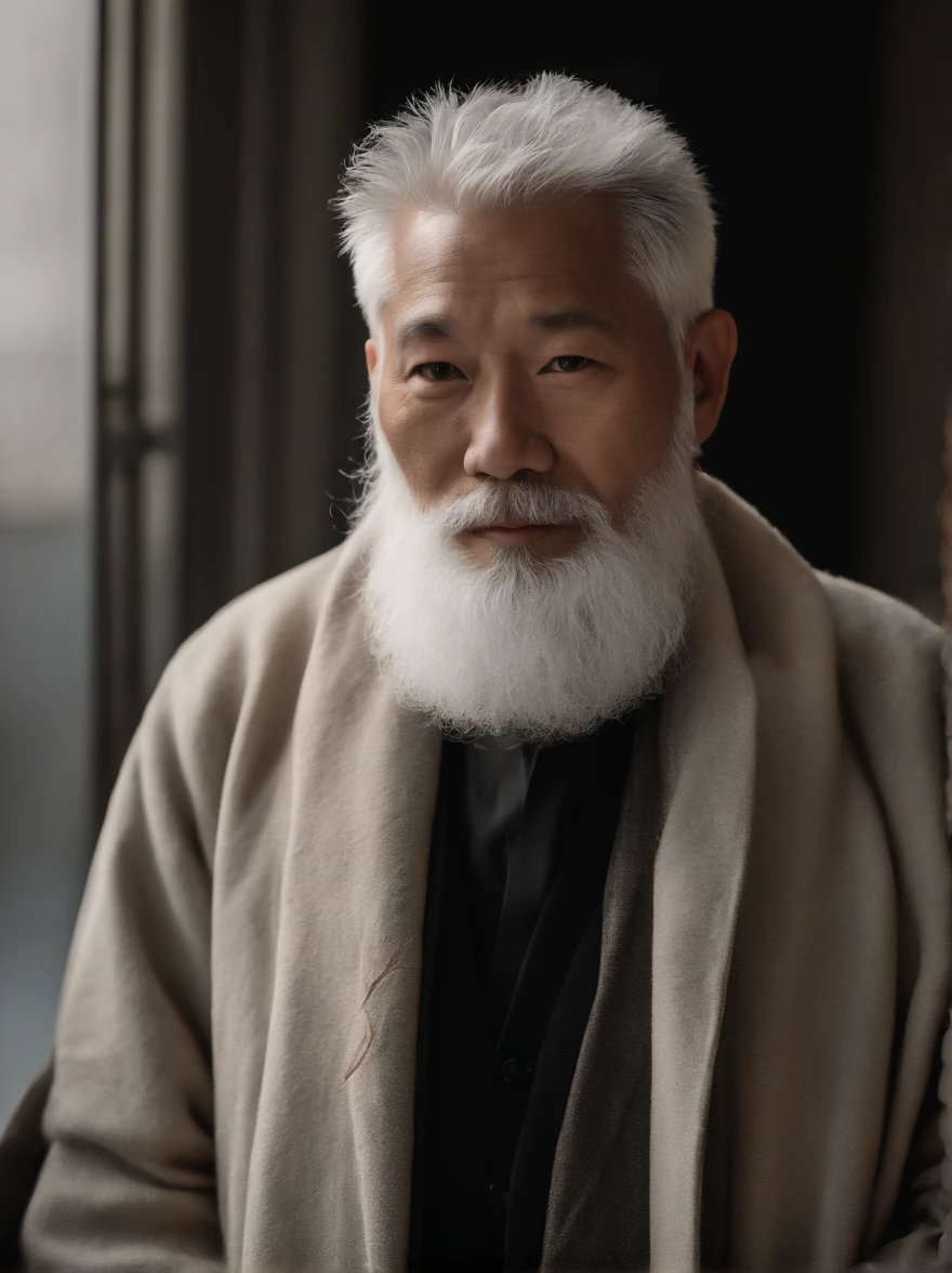 Cinematic portrait , Portrait of a father，Look at the viewer，Asian older males,Old man,Thin and thin, (80 years:1.1), (shaved pubic hair:1.2), (very short white hair，A little curly:1.5),(Long beard:1.6).Dark coat, white  shirt . Minimalist background, Own composition, detalhe poderoso, Autumn background，the soft light, hasselblatt, RAW style