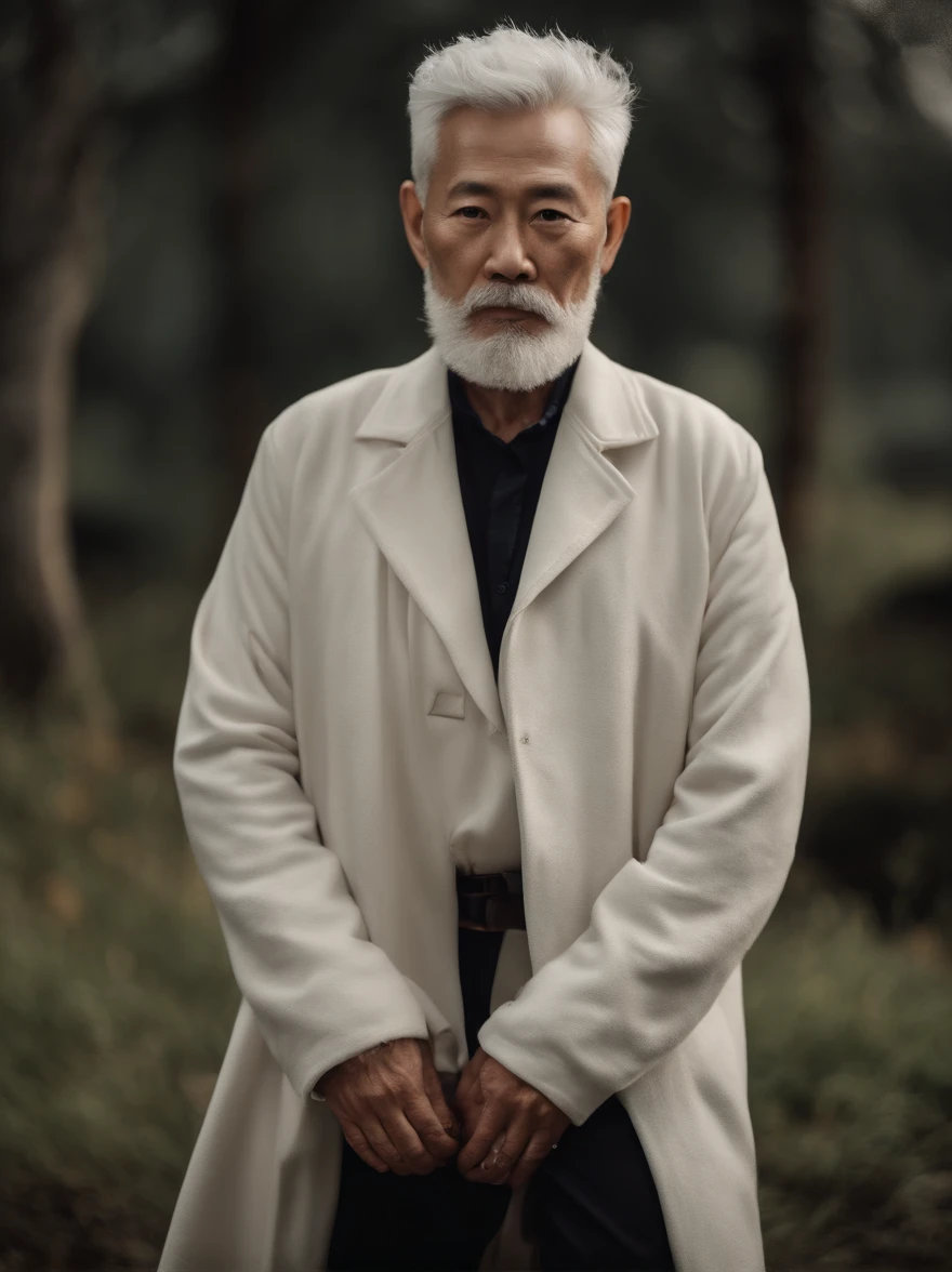 Cinematic portrait , Portrait of a father,Look at the viewer,Asian older males,Old man,Thin and thin, (80 years:1.1), (shaved pubic hair:1.2), (very short white hair,A little curly:1.5),(Long beard:1.6).Dark coat, white shirt . Minimalist background, Own composition, detalhe poderoso, Autumn background,the soft light, hasselblatt, RAW style