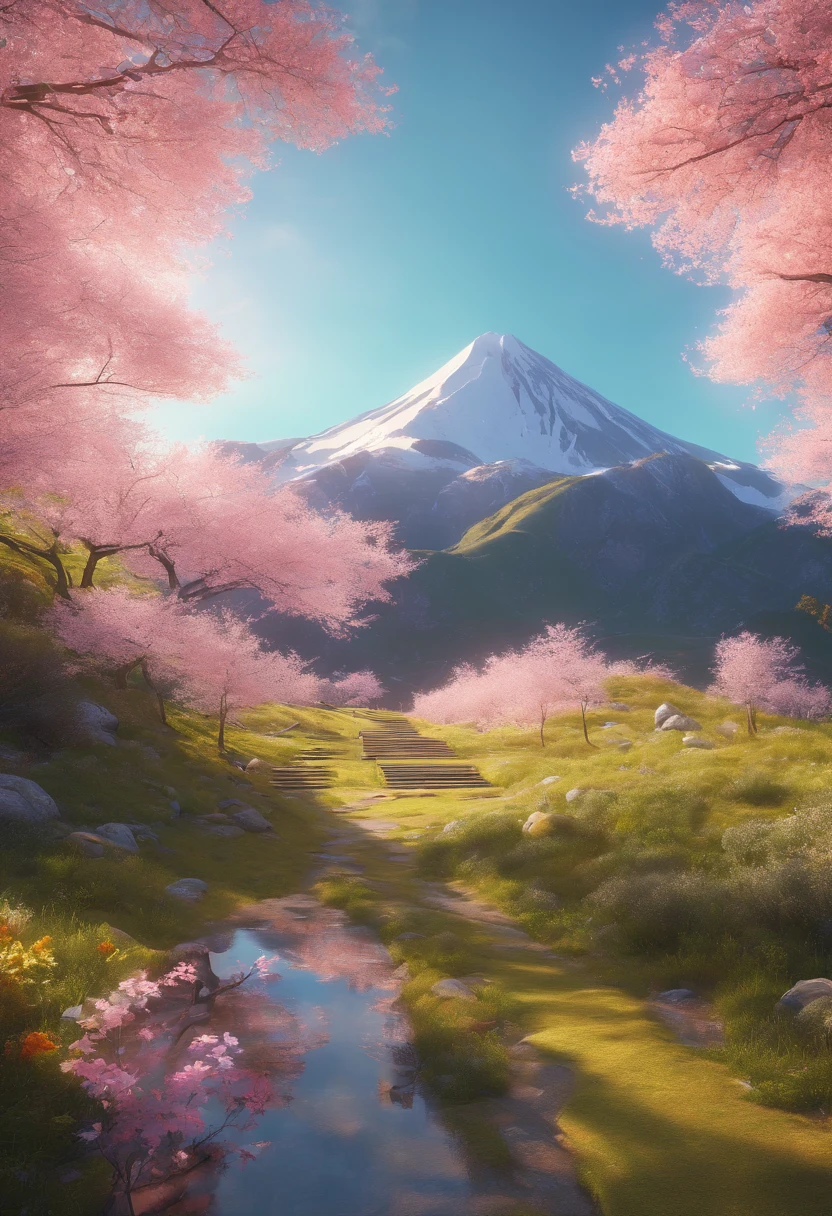 Halfway up the mountain,On the right is the tunnel tent,There is a lake under the mountain,In the distant background is a large mountain,The morning sun hit the tent,There are several cherry blossom trees next to the tent,Faraway view,Beautiful,artistic conception