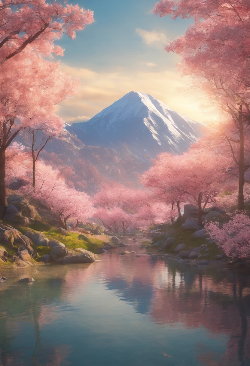 Halfway up the mountain，On the right is the tunnel tent，There is a lake under the mountain，In the distant background is a large mountain，The morning sun hit the tent，There are several cherry blossom trees next to the tent，Faraway view，Beautiful，artistic conception