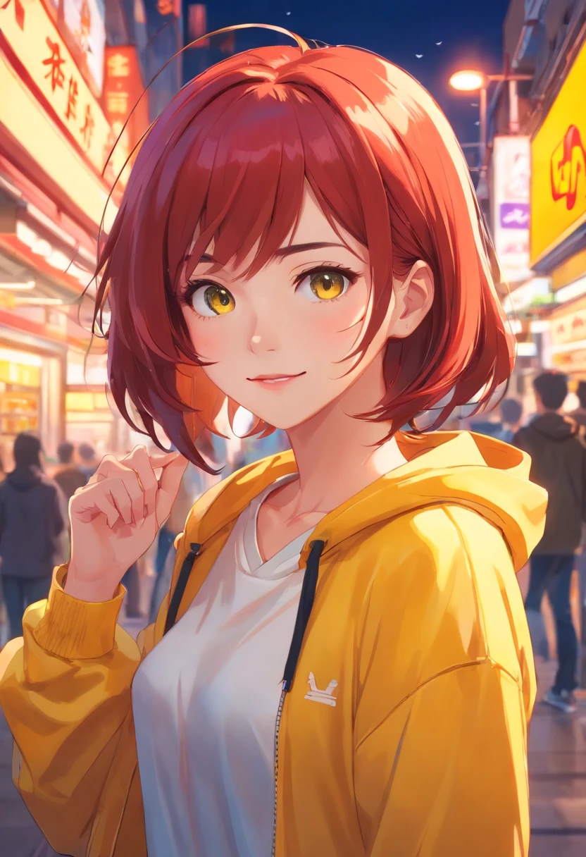 masterpiece, best quality, 1girl, upper body, ((looking at viewer)), beautiful eyes, beautiful lips, smiling to viewer, McDonald's theme, McDonald's style, red hair, yellow hoodie, solo, vivid colors, sharp focus,HDR,studio lighting, physically-based rendering,portraits,bokeh