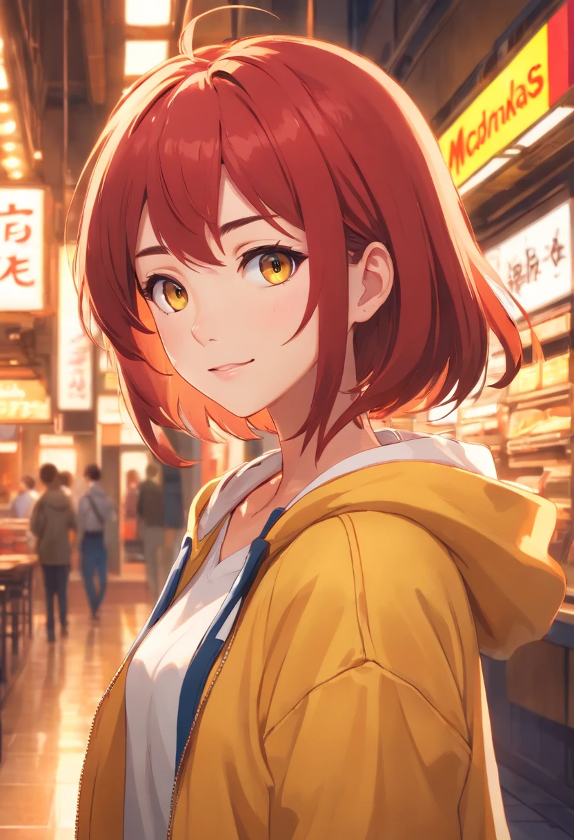 masterpiece, best quality, 1girl, upper body, ((looking at viewer)), beautiful eyes, beautiful lips, smiling to viewer, McDonald's theme, McDonald's style, red hair, yellow hoodie, solo, vivid colors, sharp focus,HDR,studio lighting, physically-based rendering,portraits,bokeh
