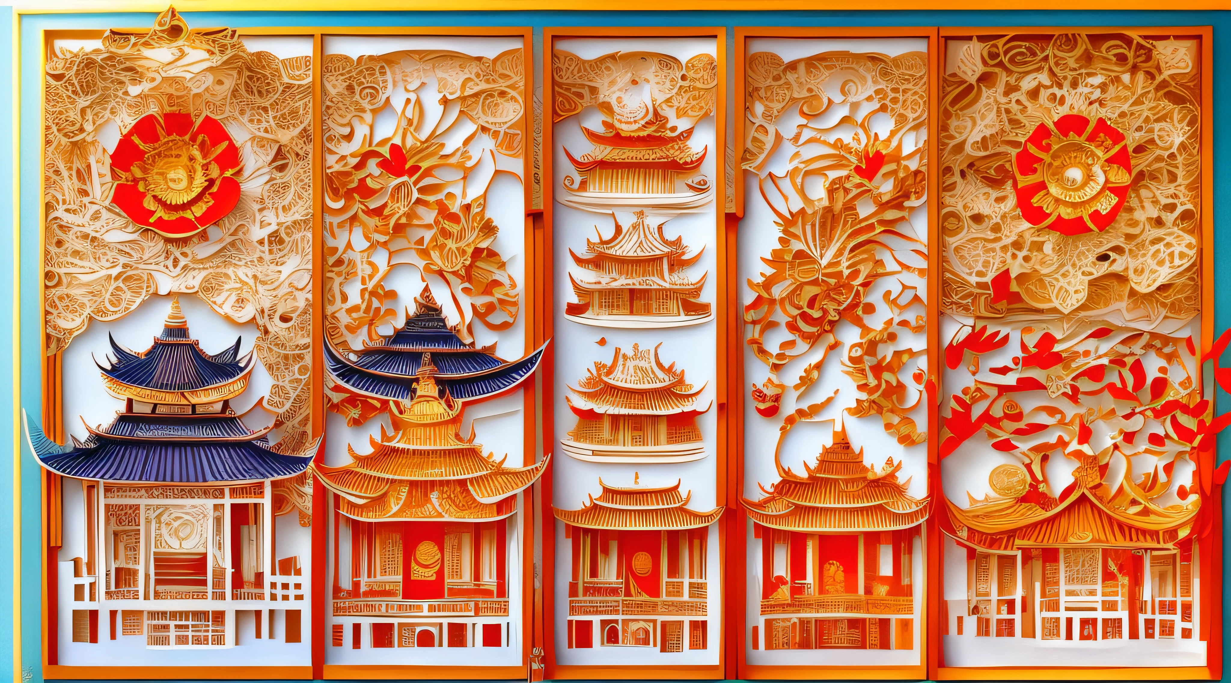 (best quality, 4k, highest, masterpiece:1.2), medium:paper-cutting , castle, colorful, traditional art, elaborate design, vivid colors, great attention to detail, bright red and gold tones, impressive architecture, exquisite paper craftsmanship, meticulous hand-cut patterns, delicate and intricate edges, grand and majestic appearance, authentic Vietnamese cultural heritage, floral motifs and mythical creatures blending together, celebration of Vietnamese art and tradition, awe-inspiring craftmanship, striking contrast between the intricate paper-cutting and the solid castle structure, expressive and lively atmosphere, meticulously crafted windows and doors, beautiful natural scenery surrounding the castle, harmonious blend of traditional and modern elements, enchanting and captivating artwork, prominent presence of Japanese culture and history, immersive experience of the ancient Vietnamese art form, paper-cutting techniques passed down through generations, impressive display of artistic skills and expertise, celebration of color and creativity in Vietnamese culture, dreamlike and whimsical ambiance, meticulous attention to the smallest details, transcendence of time and space, invitation into a vibrant and magical world, enjoyment of the rich cultural heritage of Vienam through the beauty of paper-cutting.