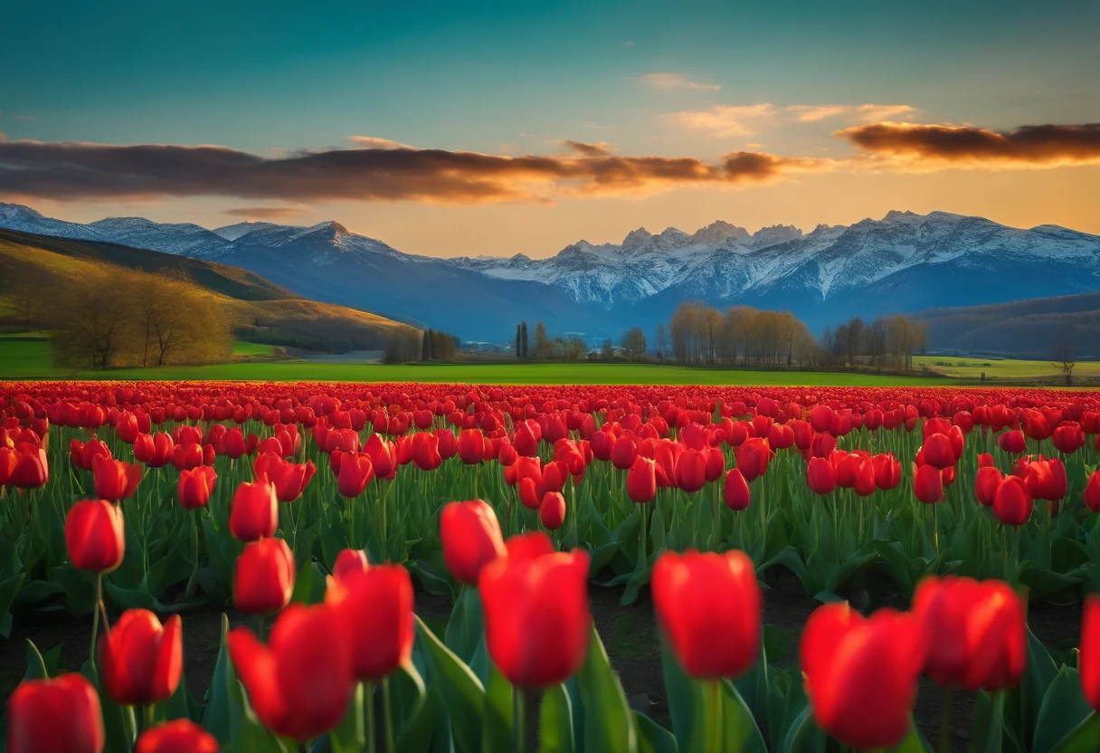 There are a small number of tulip flowers in the foreground,Medium green meadow,The vista is mountains, The blue sky is white, Then go,Natural light at noon,C4D style,Masterpiece,8K