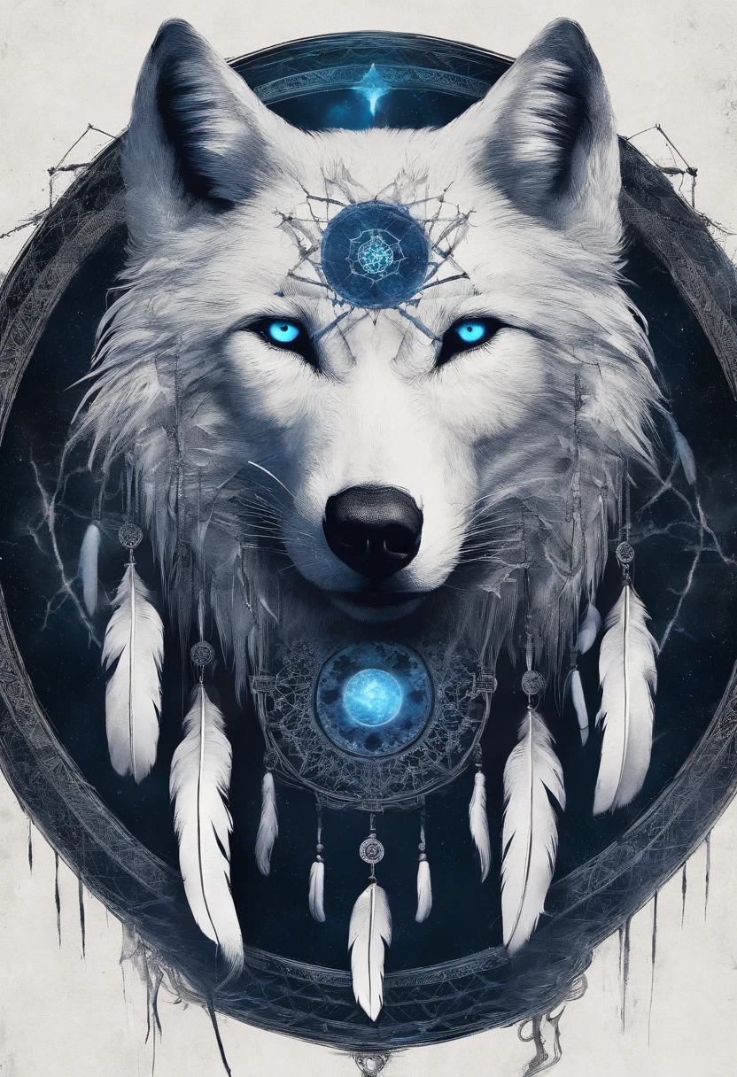 (White wolf in a circle of colorful dream catchers),"T-shirt design with circular silhouette of wolf face, Crescent, and stars in the,Blue glowing eyeballs