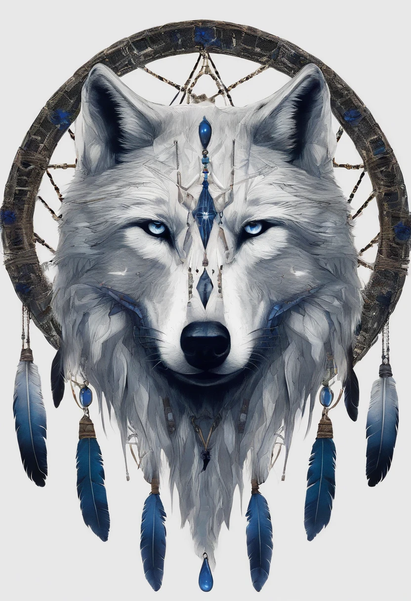 (White wolf in a circle of colorful dream catchers),"T-shirt design with circular silhouette of wolf face, Crescent, and stars in the,Blue glowing eyeballs