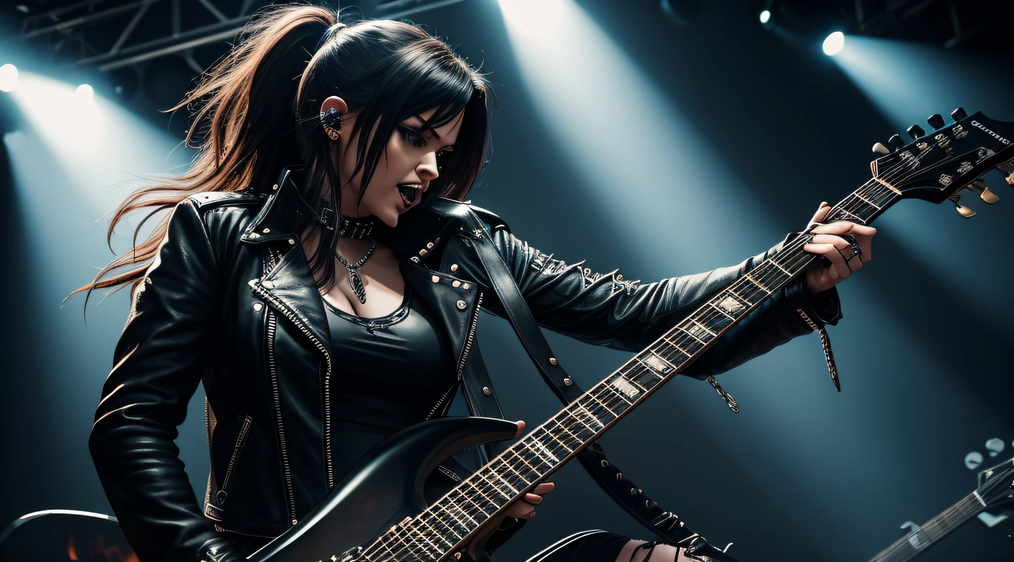 Heavy metal, biker chick with chains and spikes, ferocious expression, powerful female rock star, black leather, dressed in black leather jacket and torn jeans, dark eyeliner and black lipstick, heavy music, fierce woman, standing tall, epic guitar solo, guitar on fire, woman solo electric guitar, female guitarist of metal, woman playing the guitar, electric guitar made of metal, flames on stage, female rocker playing a concert,