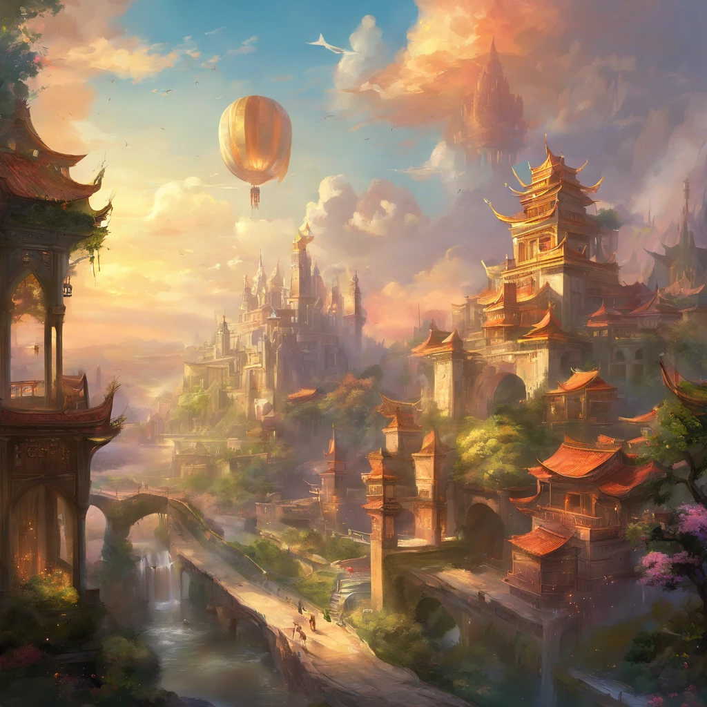 medeival fantasy town, massive city, Beautiful city with gardens, monuments, Palace and beautiful building, A magnificent city of dreams，With Chinese style