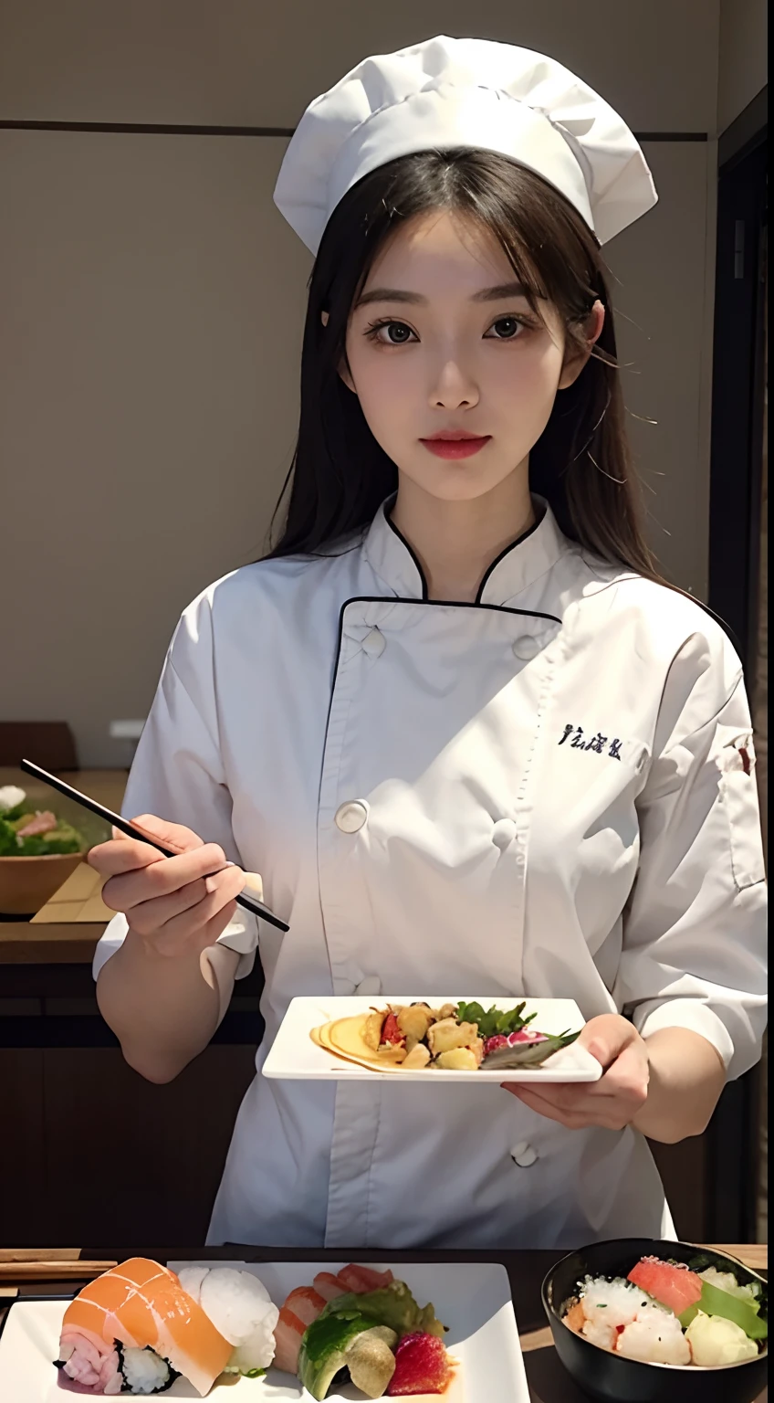 arafed asian woman holding chopsticks and sushi plate with sushi, sakimi chan, inspired by Maki Haku, japanese model, sasai ukon masanao, japanese, sakimichan, eating sushi, takada akemi, wearing white chef hat, rin, sharn, inspired by Gu An, sumai-e artstyle, culinary art photography