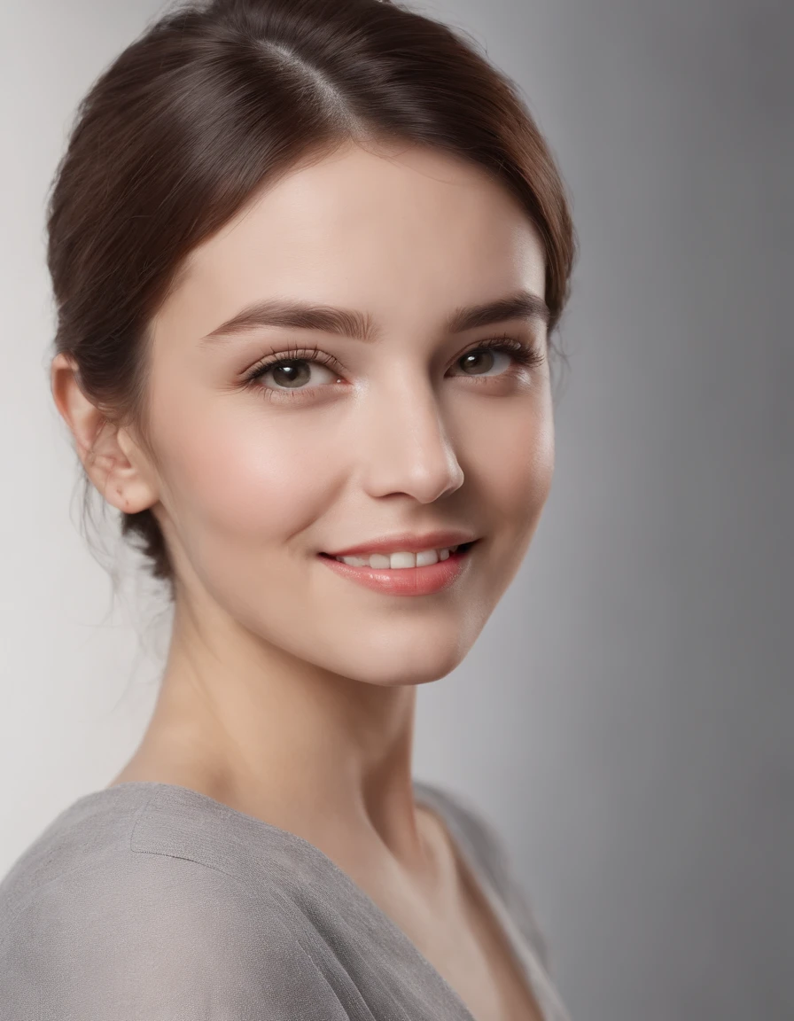 (Photo: 1.3) in the (Realistic: 1.3), Caucasian Woman, Soft light, Clear face, Happy, Cheerful, Smiling, Warm light, ((Gray-white gradient background)), (Background)). ((Gray wall background)) avatar, (long or short hair), Smile, Handsome, 年轻,, Short hair, Smile, ((close-up))