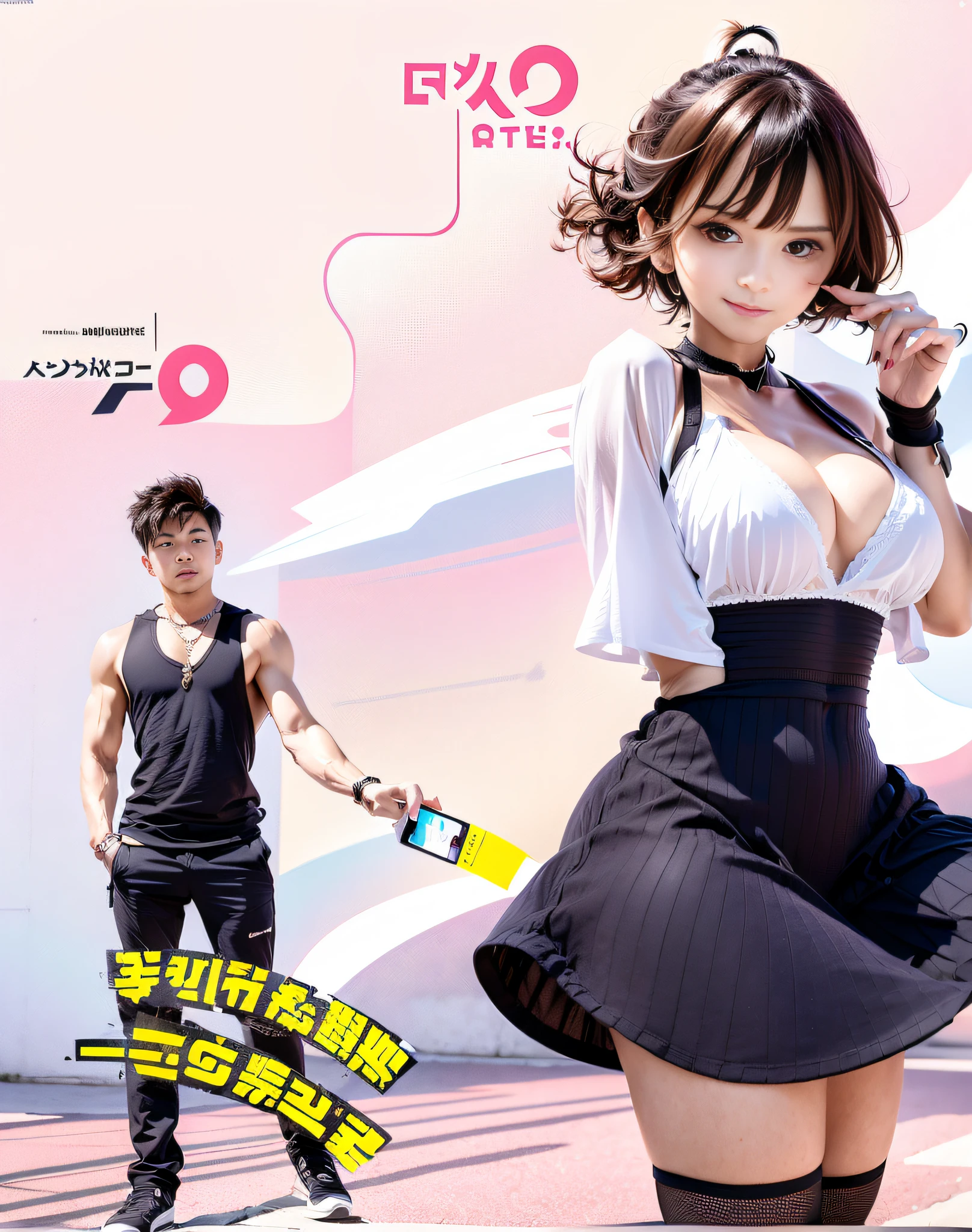 The man is holding the mobile phone in the distance, facing his girlfriend, and the beautiful woman looks at the boy with a coquettish expression, and the body squats slightly
