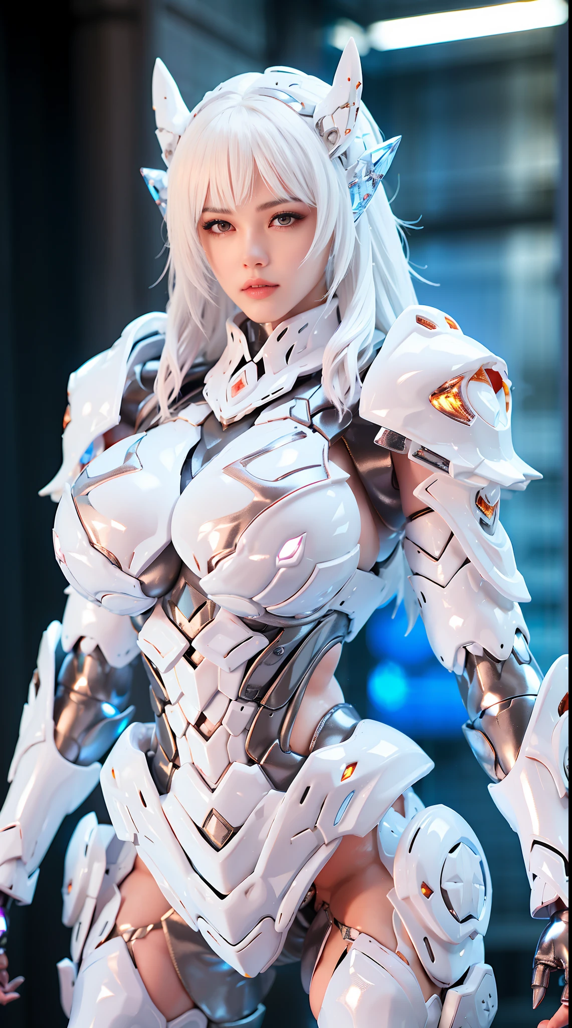 WHITE HAIR, HUGE BOOBS, CRYSTAL DRAGON HEAVY SUIT ARMOR, TRANSPARANT, THICK BODY, MUSCLE ABS.