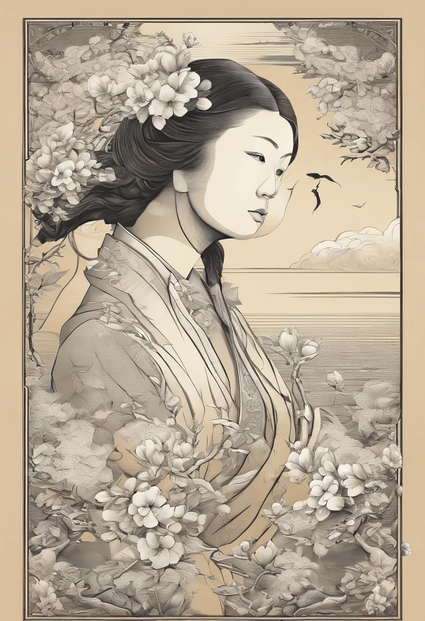 equinox,Traditional Chinese solar term term,(((Magnolienblüten))),National style,Every day wind,Monochrome background,has cleavage((golondrinas))flying into the sky,Landschaftsansicht,Don't let yourself be described,Don't let yourself be described,Do not compile, vivd colour