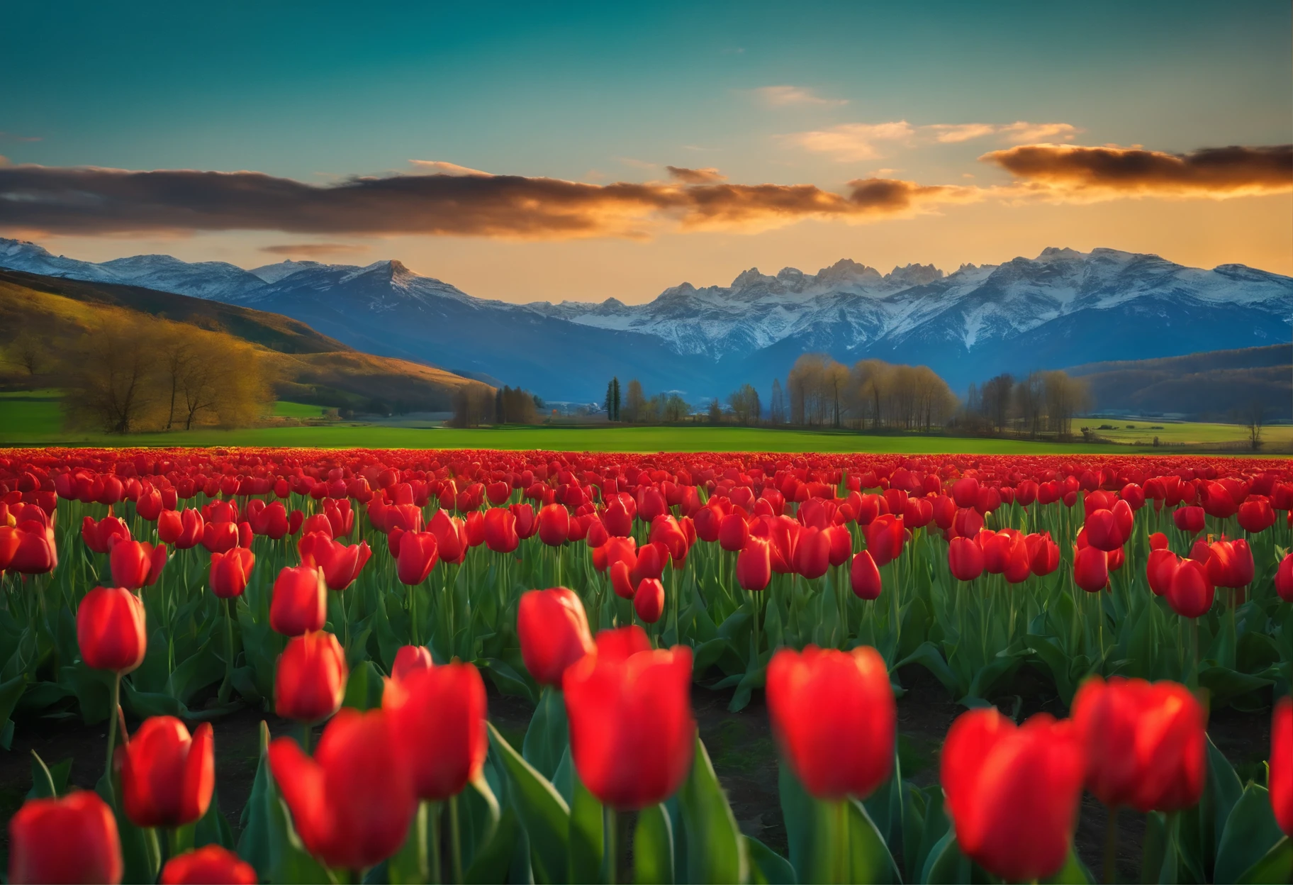 There are a small number of tulip flowers in the foreground,Medium green meadow,The vista is mountains, The blue sky is white, Then go,Natural light at noon,C4D style,Masterpiece,8K