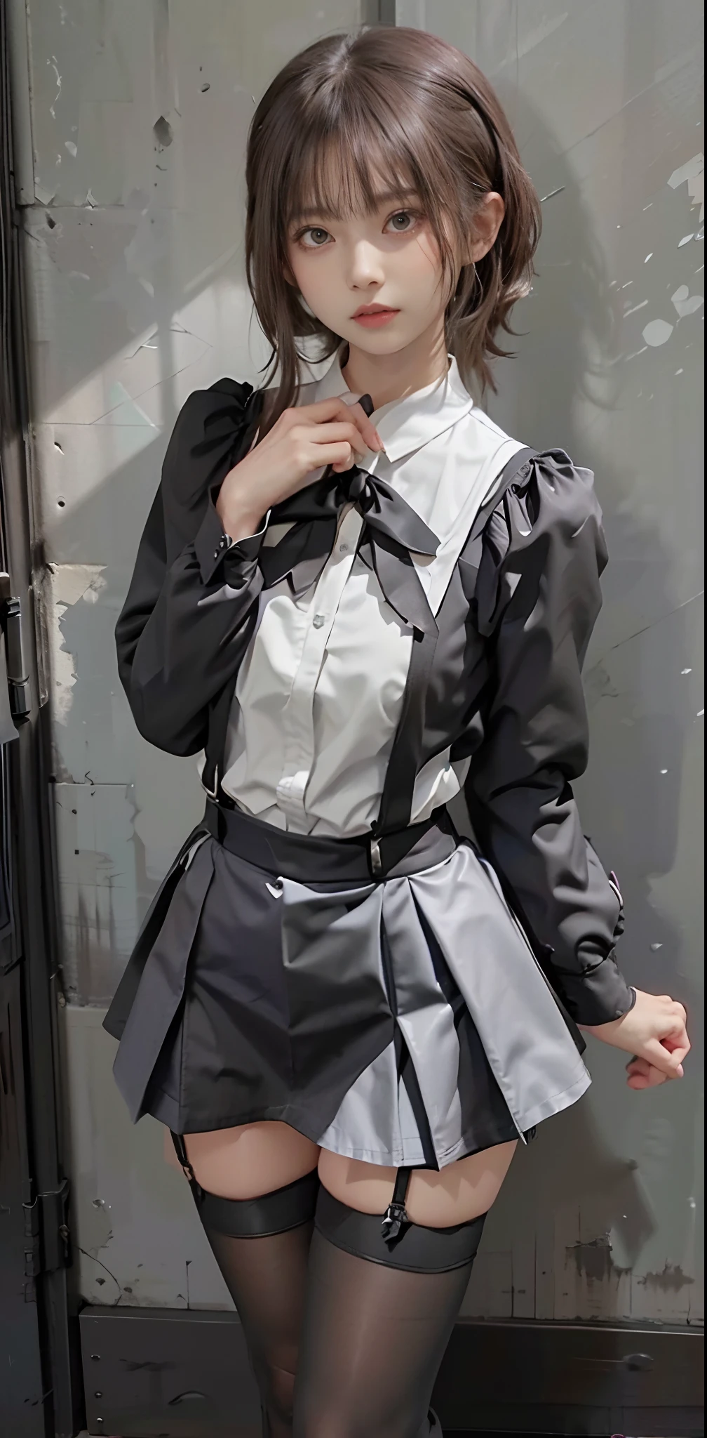 masterpiece, best quality, illustration, Super detailed, fine details, High resolution, 8K,wall paper, perfect dynamic composition,(Details High quality, realistic depiction of eyes:1.3), waitress uniform, restaurant, huge breasts, short bob hair、black hair color, Big Natural Color Lip, (perfect body shape), crying a little、cold gaze, Harajuku style、20 year old girl、cute type、lolita、beautiful legs, focus on crotch, full body photo, gravure idol
